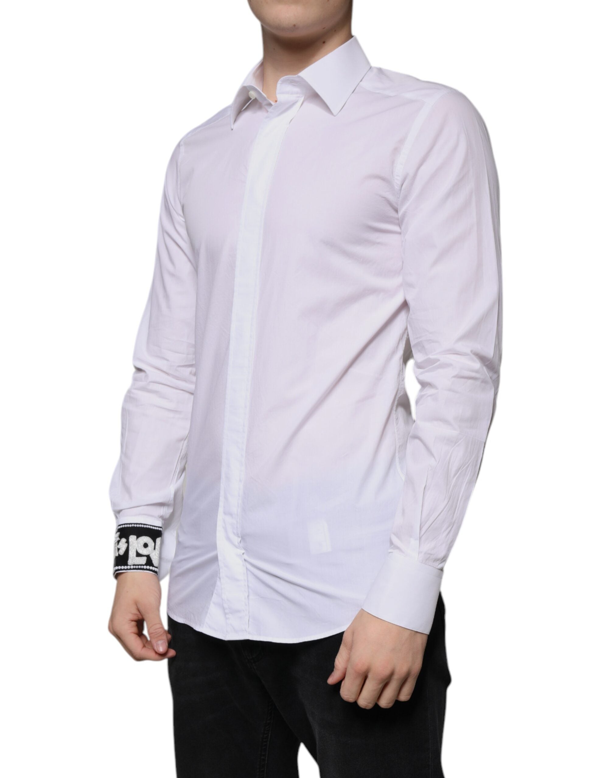 Dolce & Gabbana White Cotton Slim Fit GOLD Men Dress Men's Shirt (Pre-Owned)