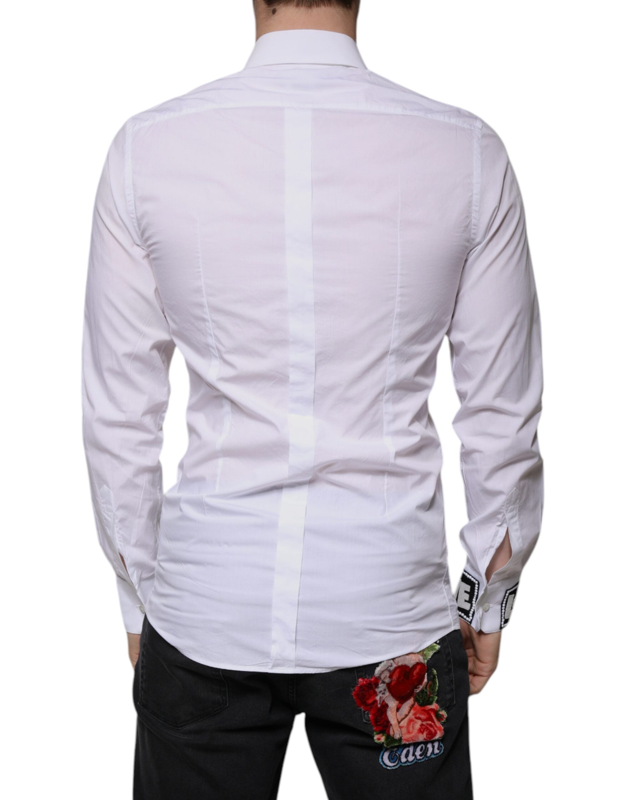 Dolce & Gabbana White Cotton Slim Fit GOLD Men Dress Men's Shirt (Pre-Owned)