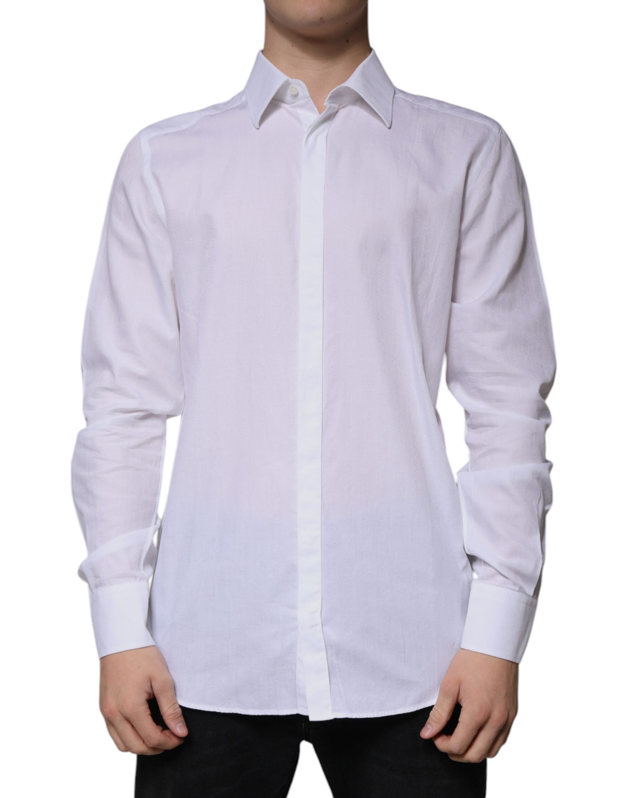 Dolce & Gabbana White Cotton Slim Fit Formal GOLD Dress Men's Shirt (Pre-Owned)