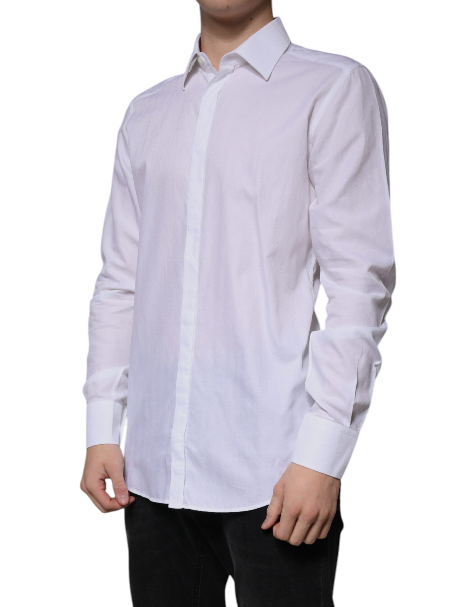Dolce & Gabbana White Cotton Slim Fit Formal GOLD Dress Men's Shirt (Pre-Owned)