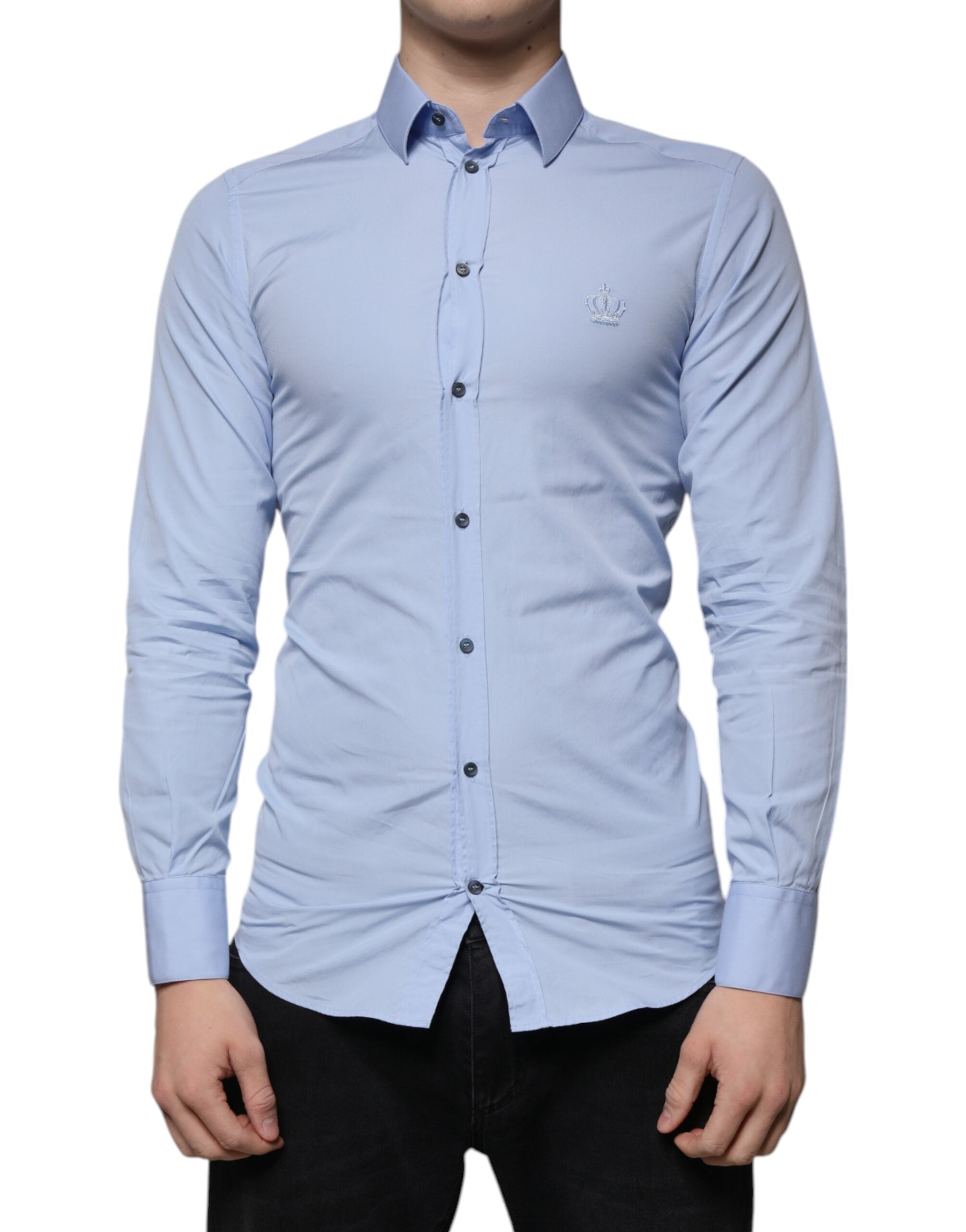 Dolce & Gabbana Light Blue Cotton Slim Fit GOLD Dress Men's Shirt (Pre-Owned)