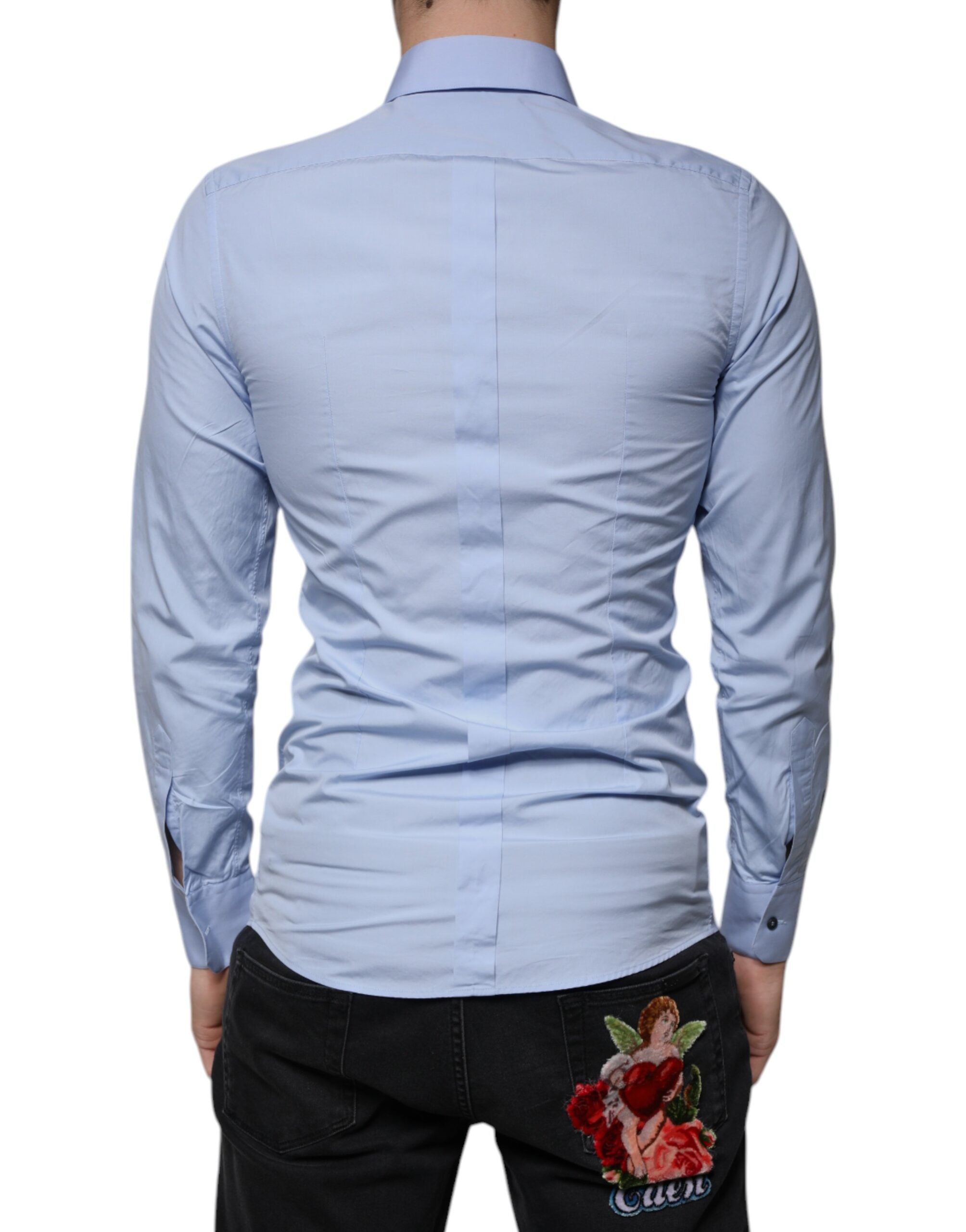 Dolce & Gabbana Light Blue Cotton Slim Fit GOLD Dress Men's Shirt (Pre-Owned)