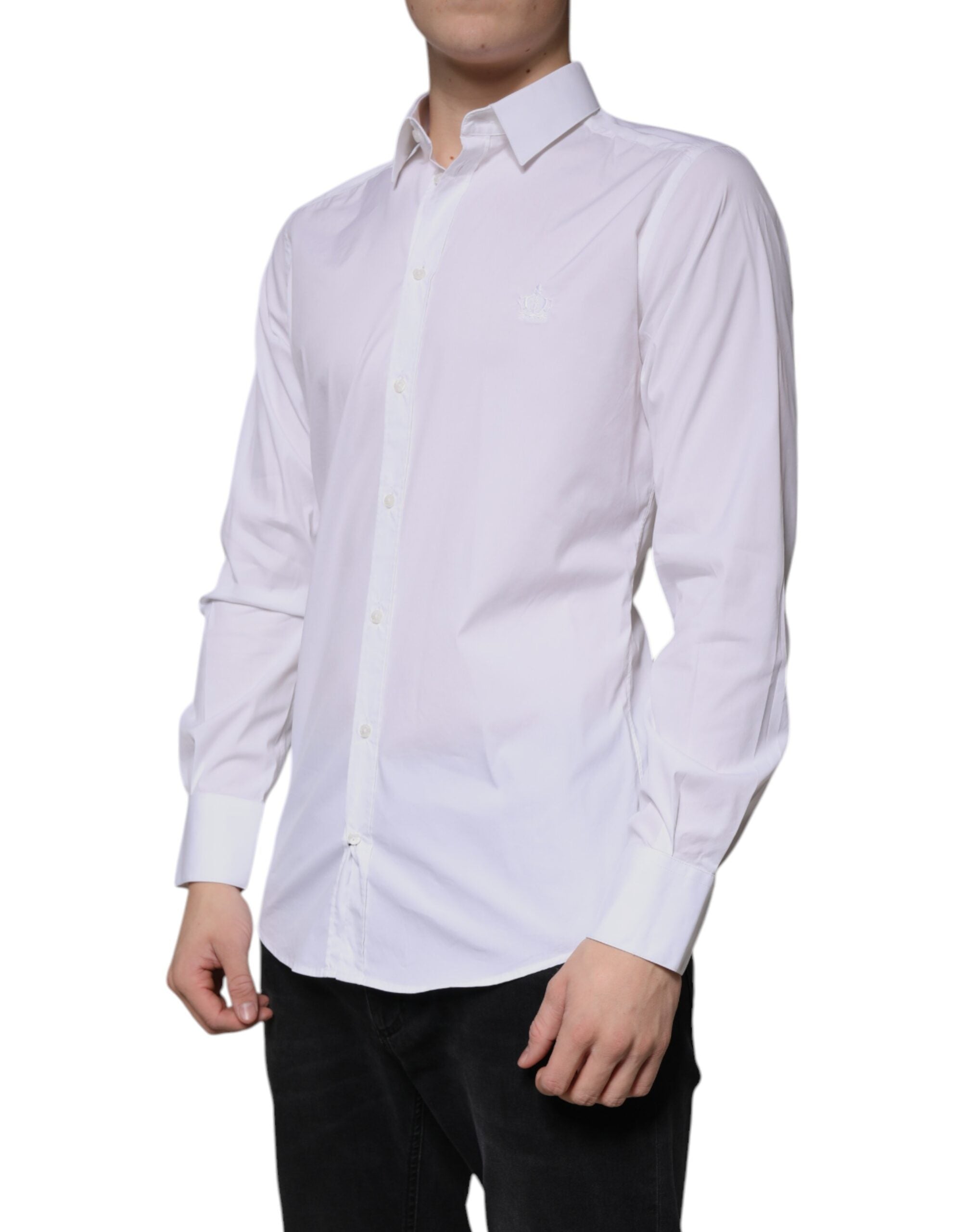 Dolce & Gabbana White Cotton Long Sleeve GOLD Dress Men's Shirt (Pre-Owned)