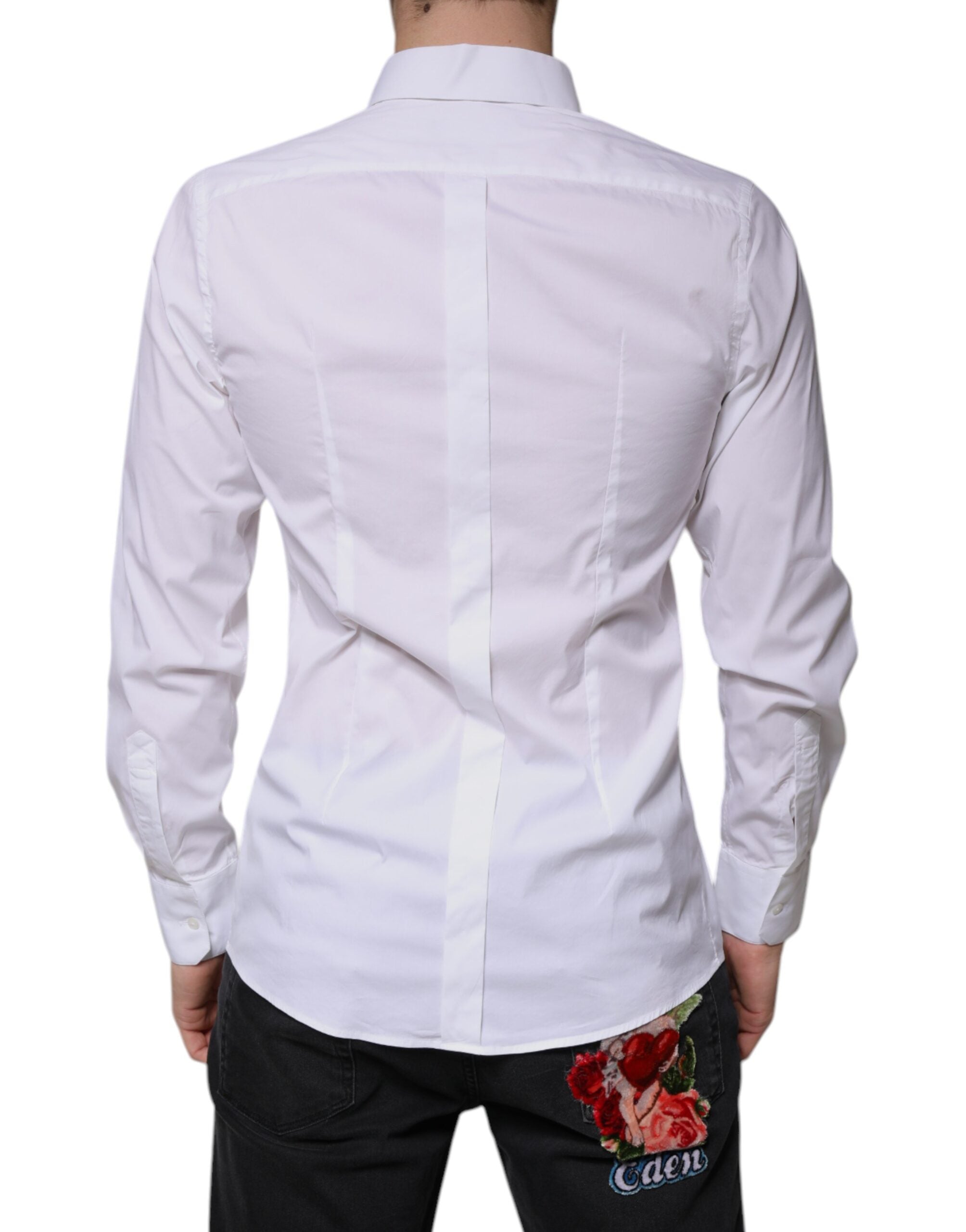 Dolce & Gabbana White Cotton Long Sleeve GOLD Dress Men's Shirt (Pre-Owned)