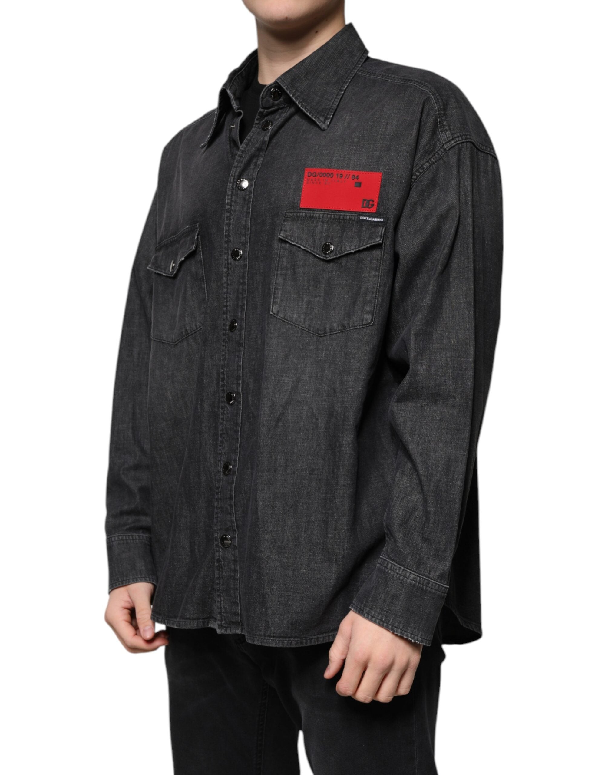 Dolce & Gabbana Black Logo Cotton Button Down Denim Men's Shirt