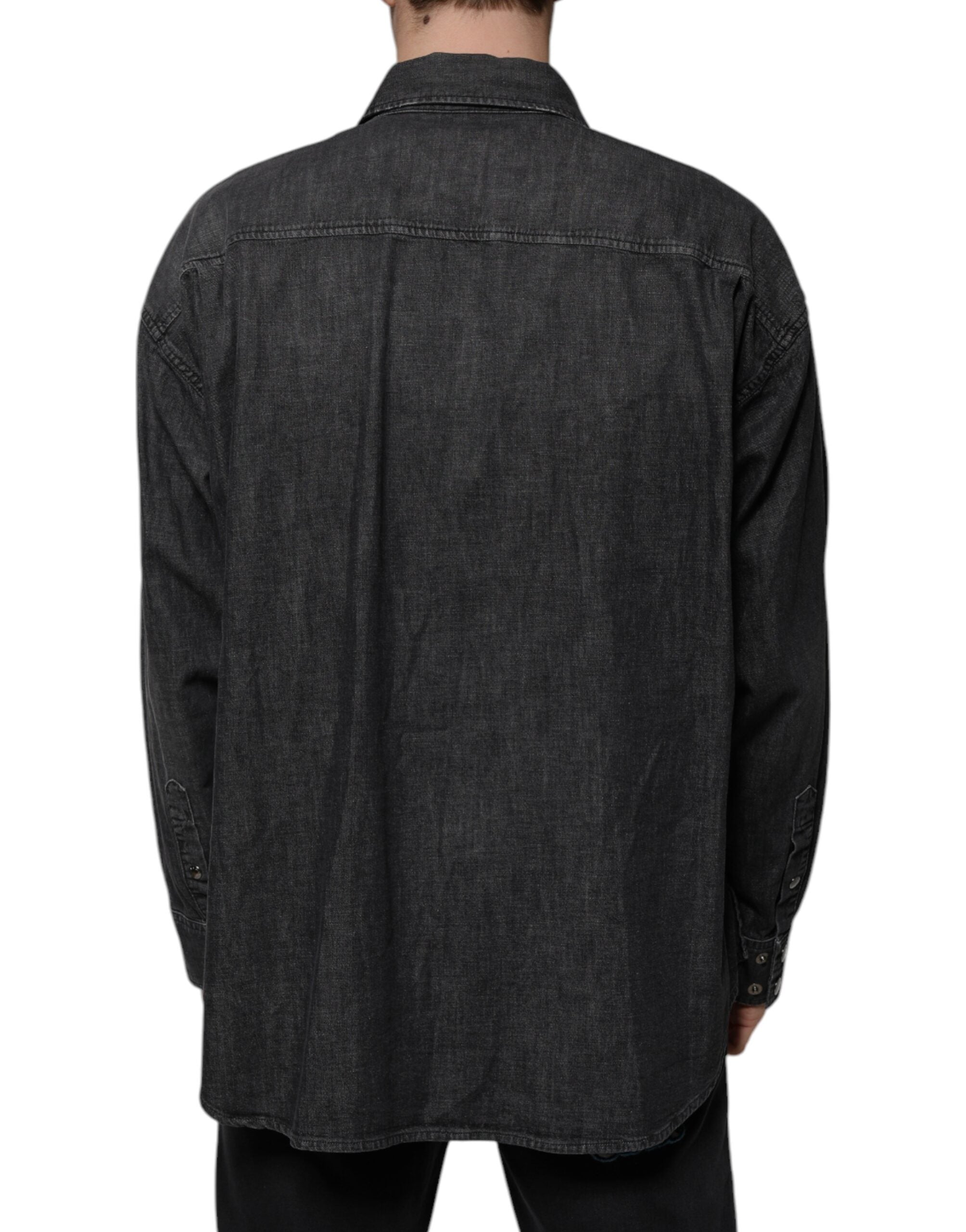 Dolce & Gabbana Black Logo Cotton Button Down Denim Men's Shirt