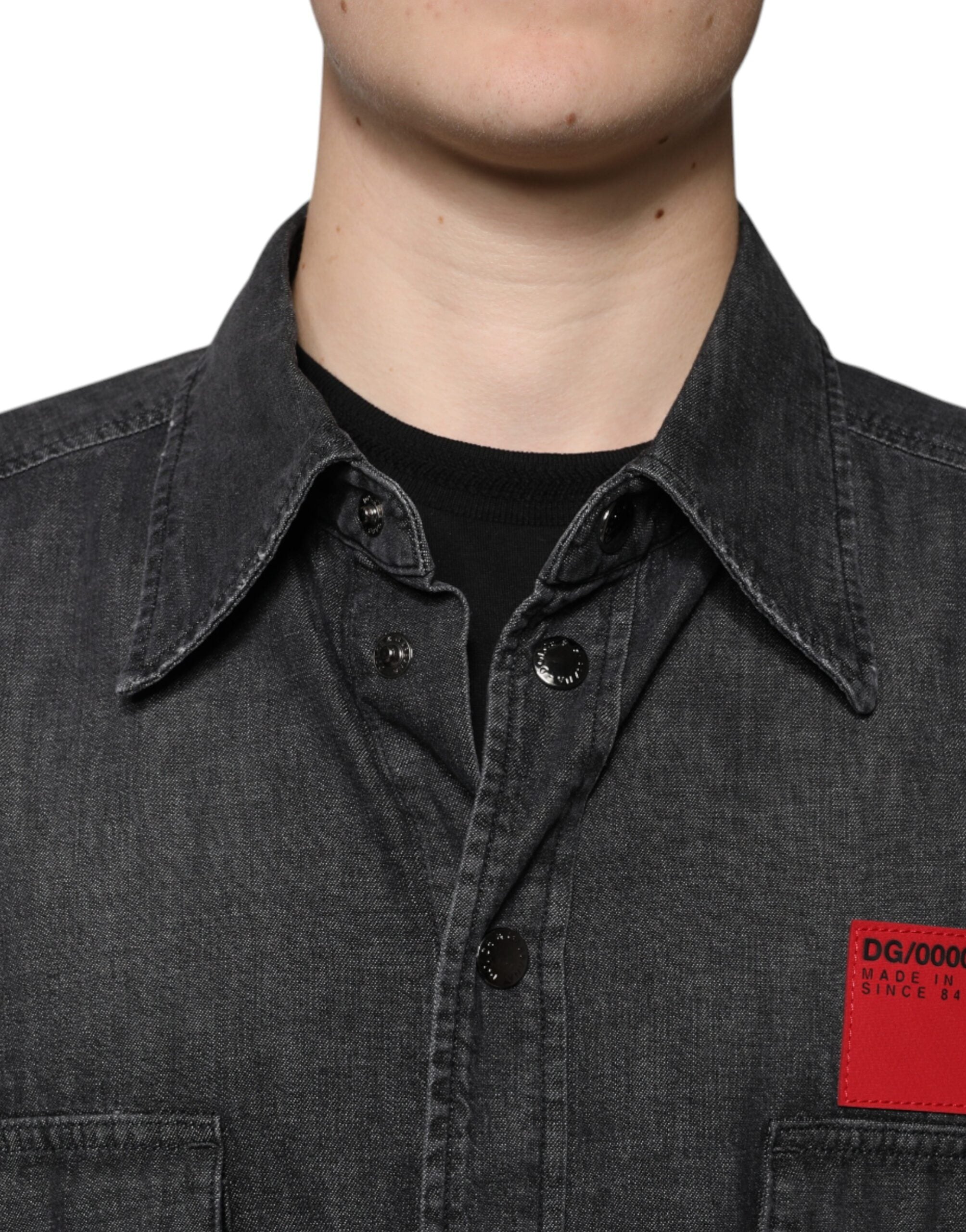 Dolce & Gabbana Black Logo Cotton Button Down Denim Men's Shirt