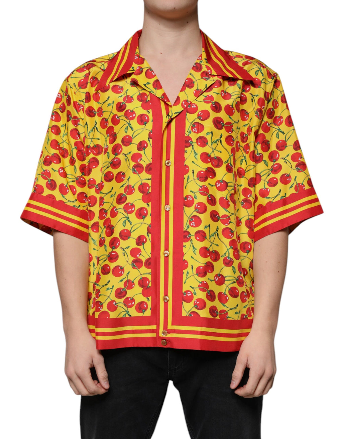 Dolce & Gabbana Yellow Cherry Button Down Silk Casual Men's Shirt