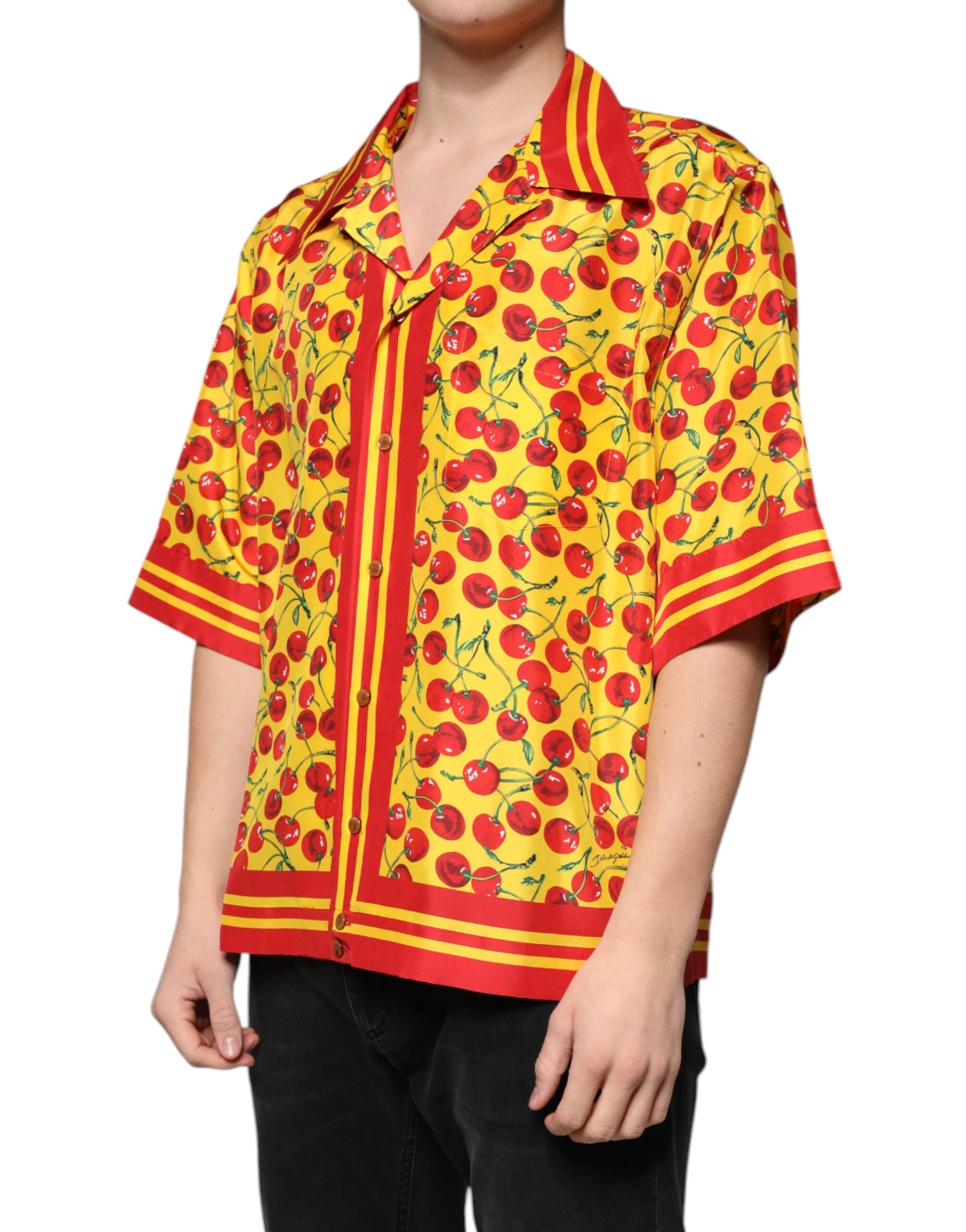 Dolce & Gabbana Yellow Cherry Button Down Silk Casual Men's Shirt