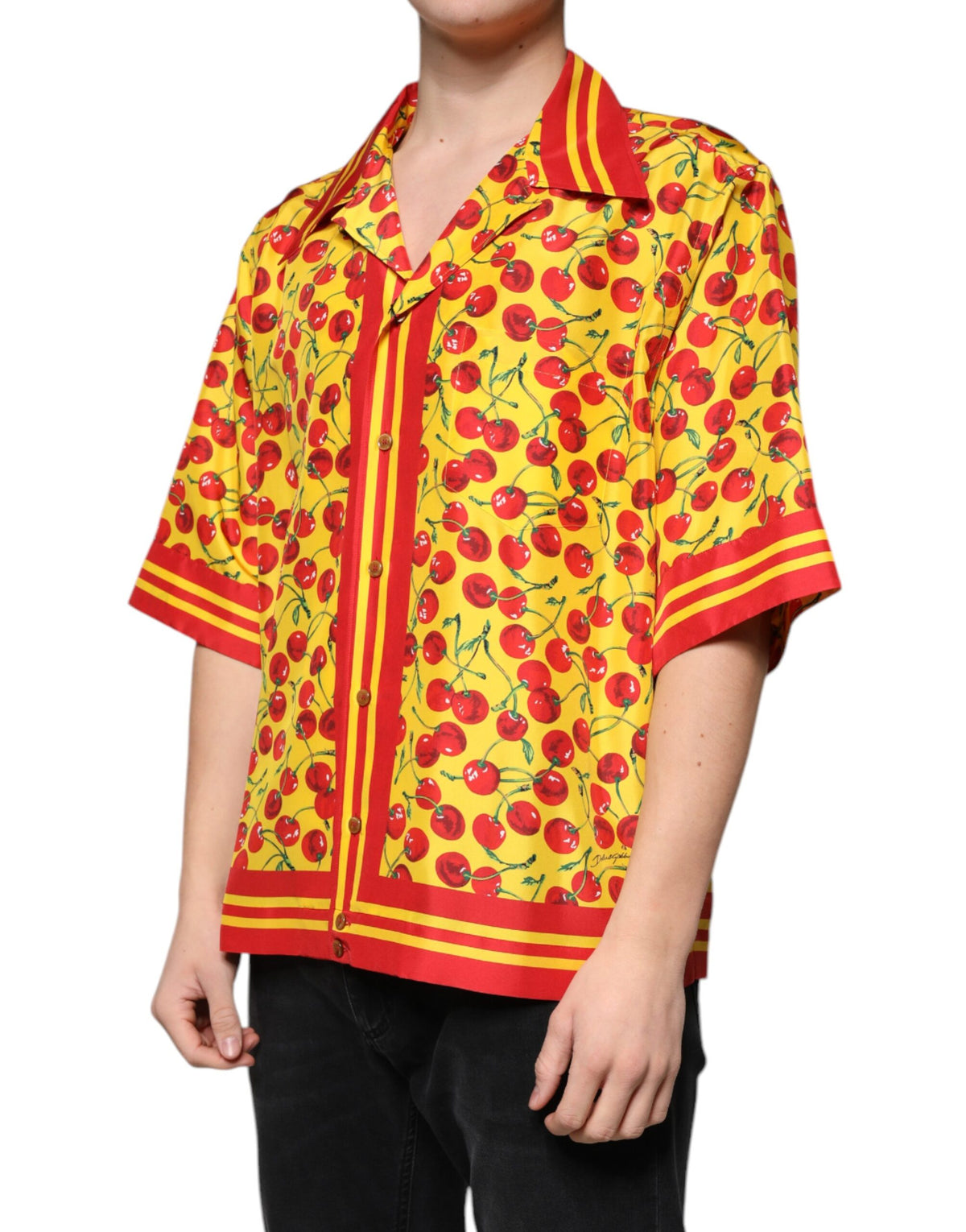 Dolce & Gabbana Yellow Cherry Button Down Silk Casual Men's Shirt