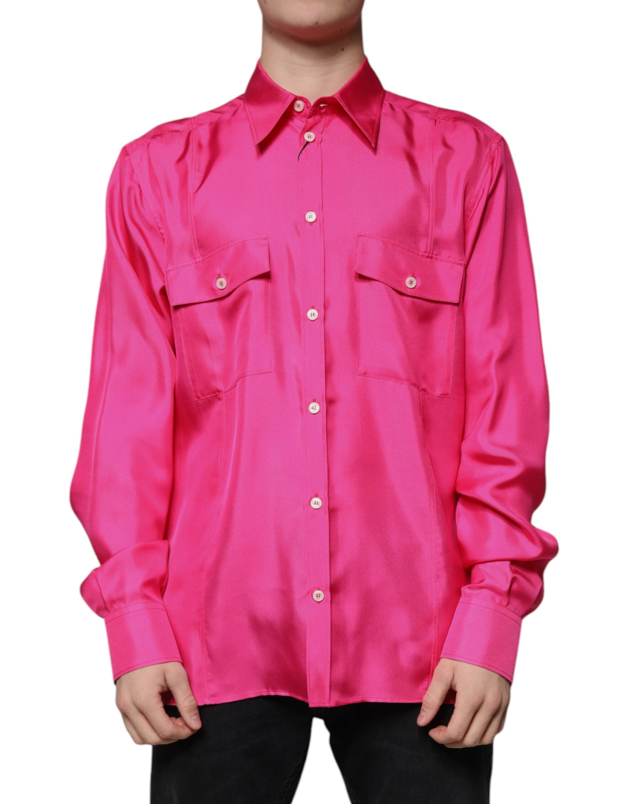 Dolce & Gabbana Pink Silk Collared Button Down Men Men's Shirt