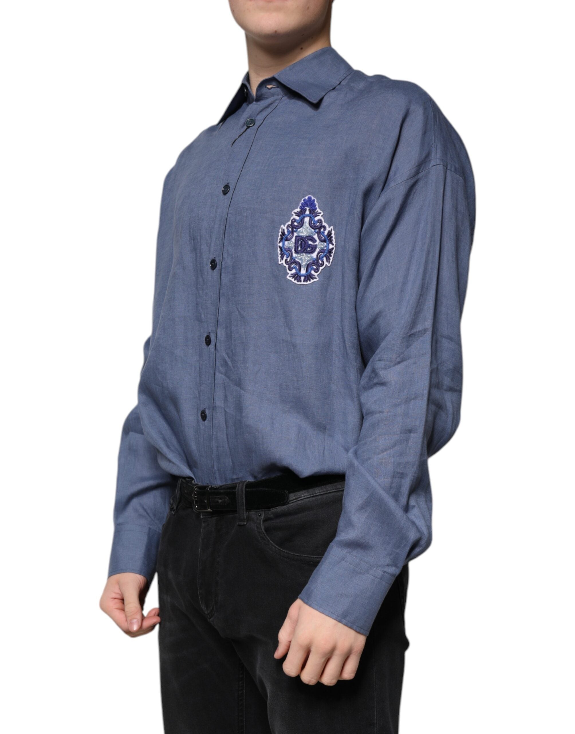 Dolce & Gabbana Blue Logo Long Sleeve Button Down Casual Men's Shirt