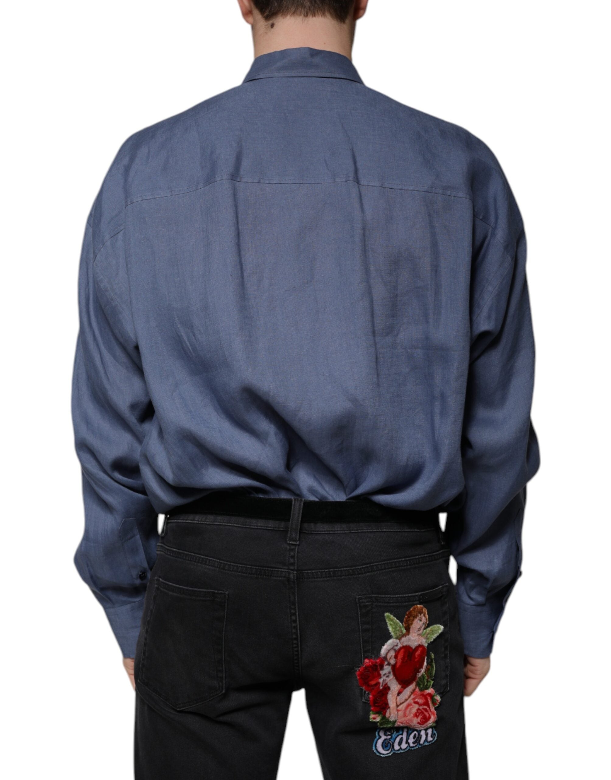 Dolce & Gabbana Blue Logo Long Sleeve Button Down Casual Men's Shirt