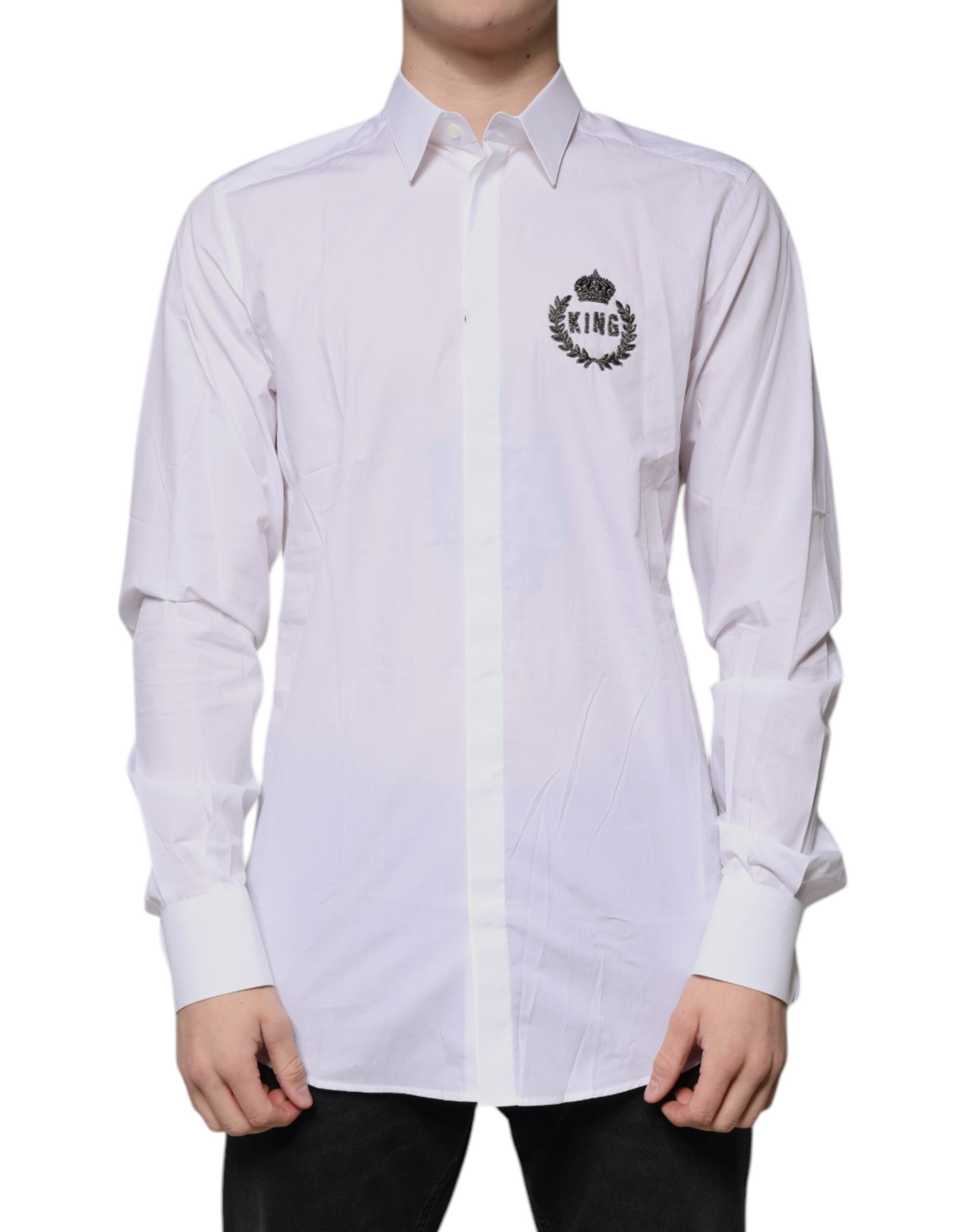 Dolce & Gabbana White Cotton Logo Formal Men GOLD Dress Men's Shirt