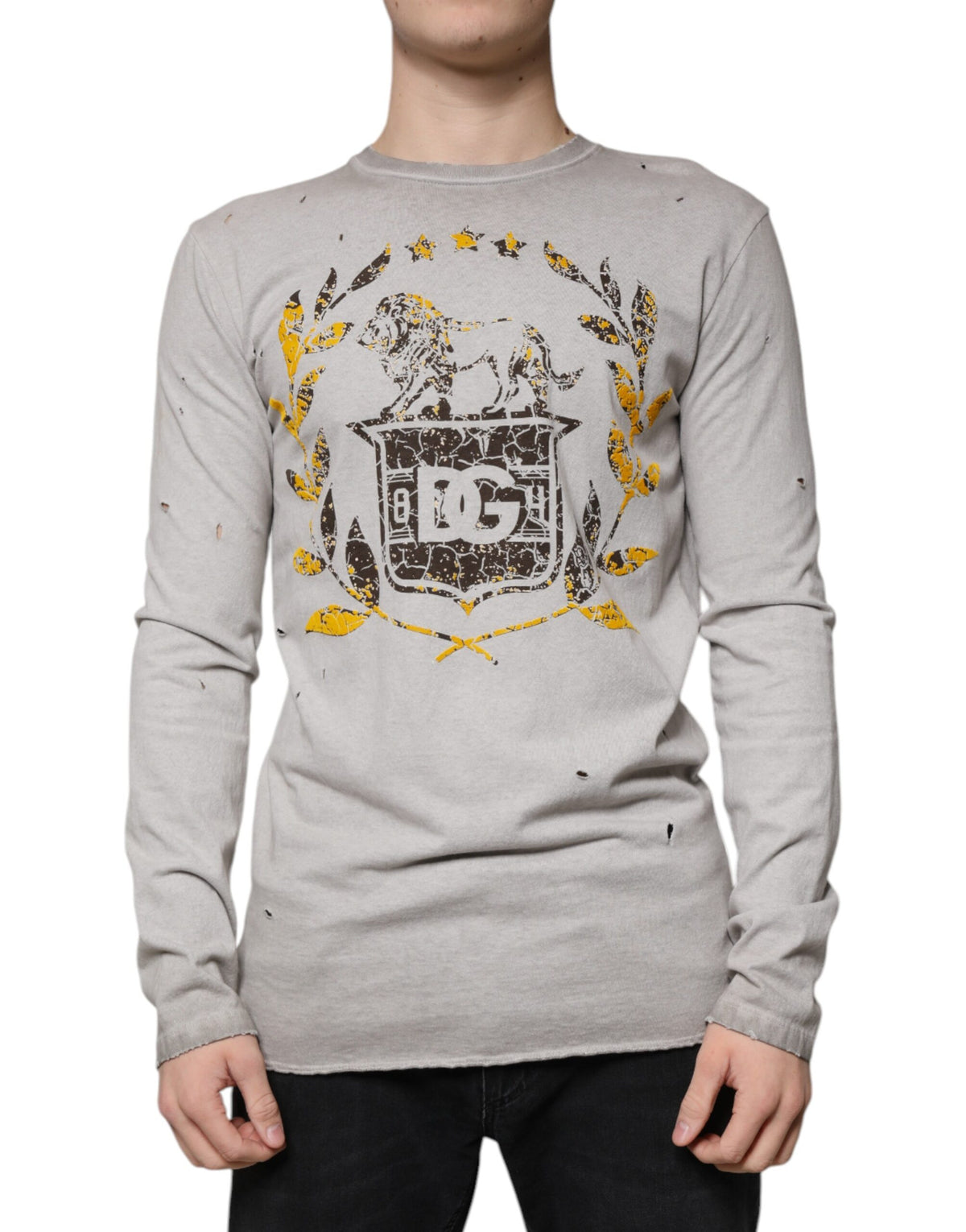 Dolce & Gabbana Gray Printed Cotton Crewneck Pullover Men's Sweater