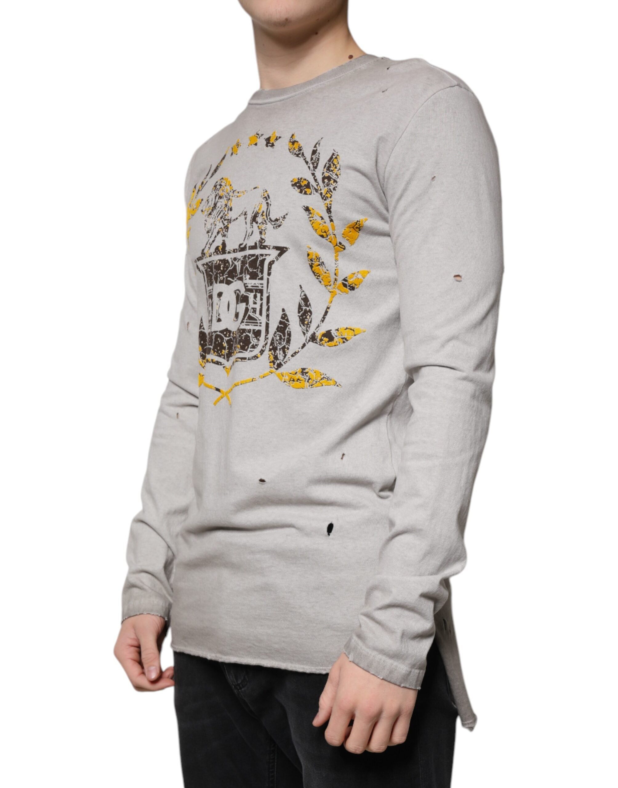 Dolce & Gabbana Gray Printed Cotton Crewneck Pullover Men's Sweater