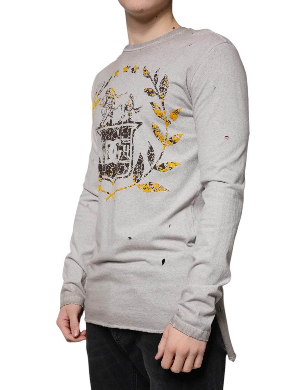 Dolce & Gabbana Gray Printed Cotton Crewneck Pullover Men's Sweater