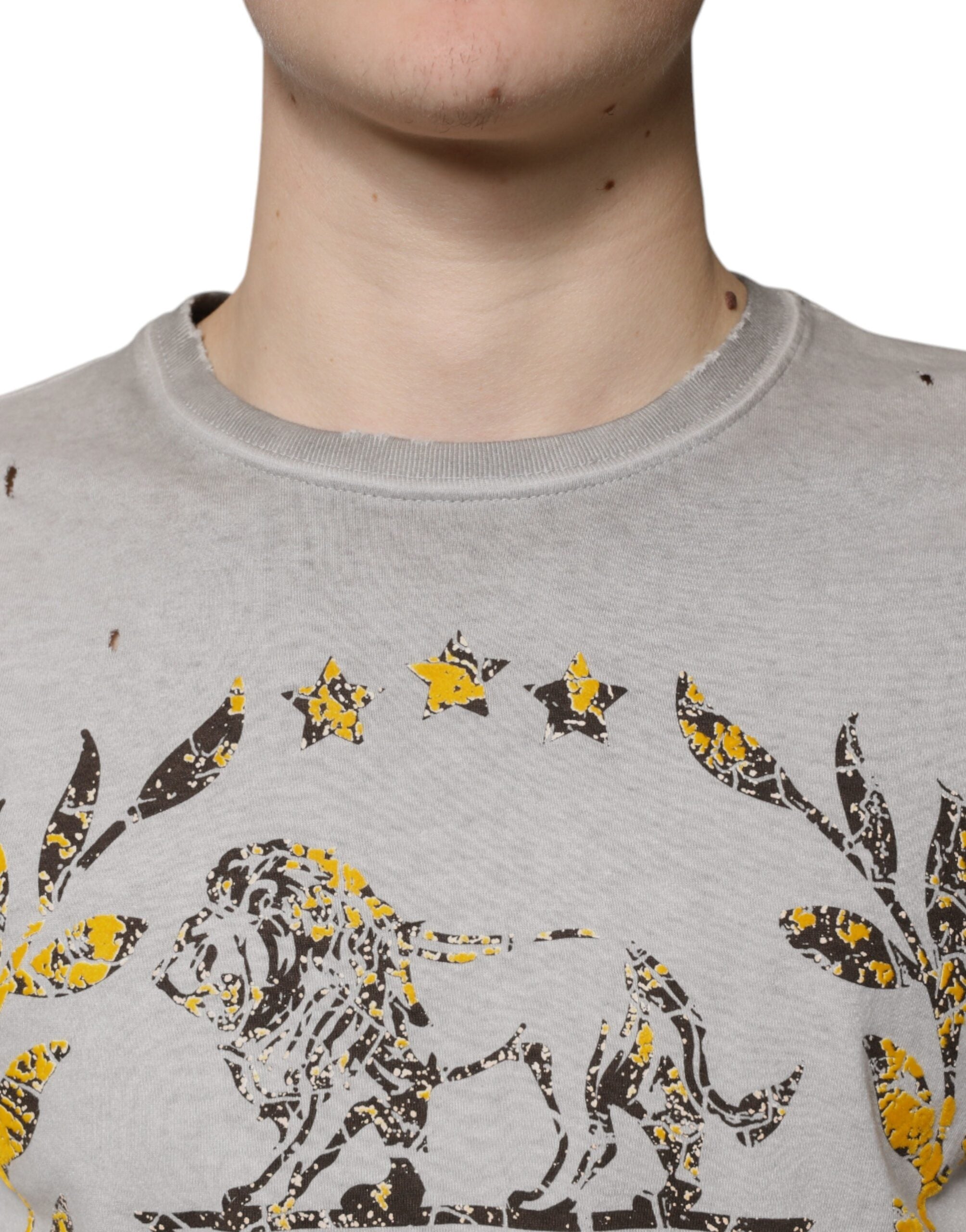 Dolce & Gabbana Gray Printed Cotton Crewneck Pullover Men's Sweater