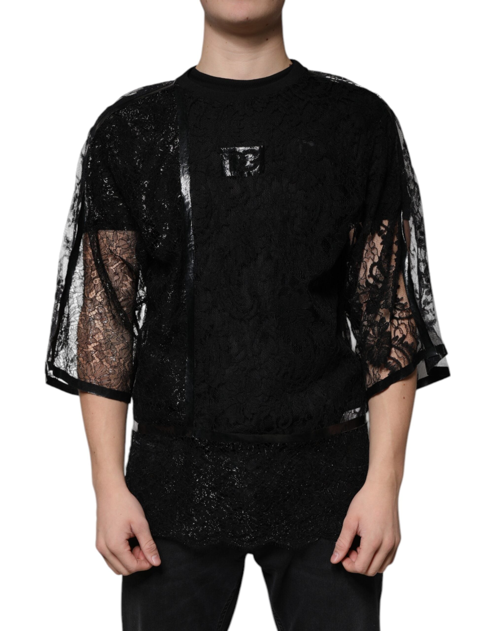 Dolce & Gabbana Black Nylon Floral Lace Crew Neck Men's T-shirt