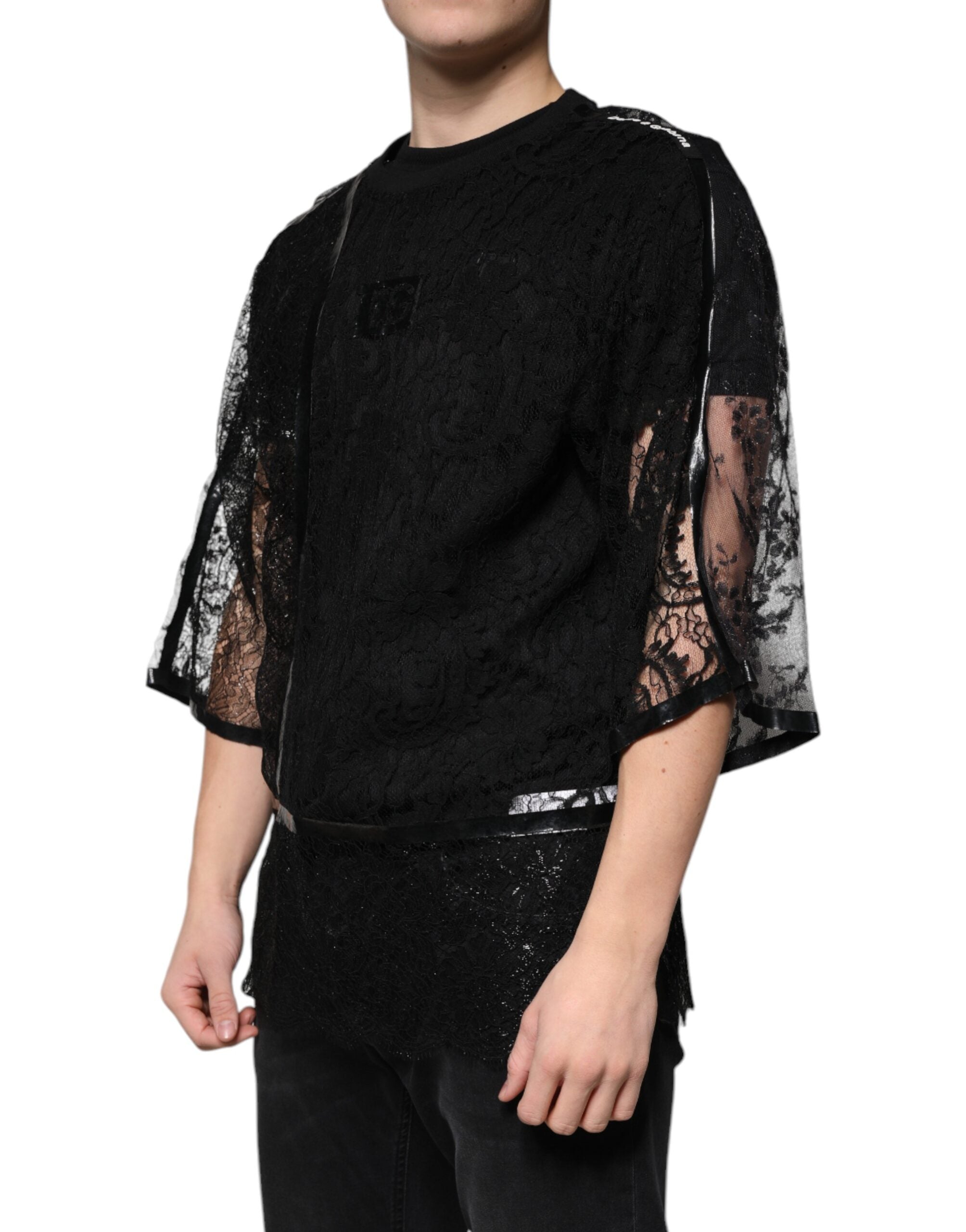 Dolce & Gabbana Black Nylon Floral Lace Crew Neck Men's T-shirt