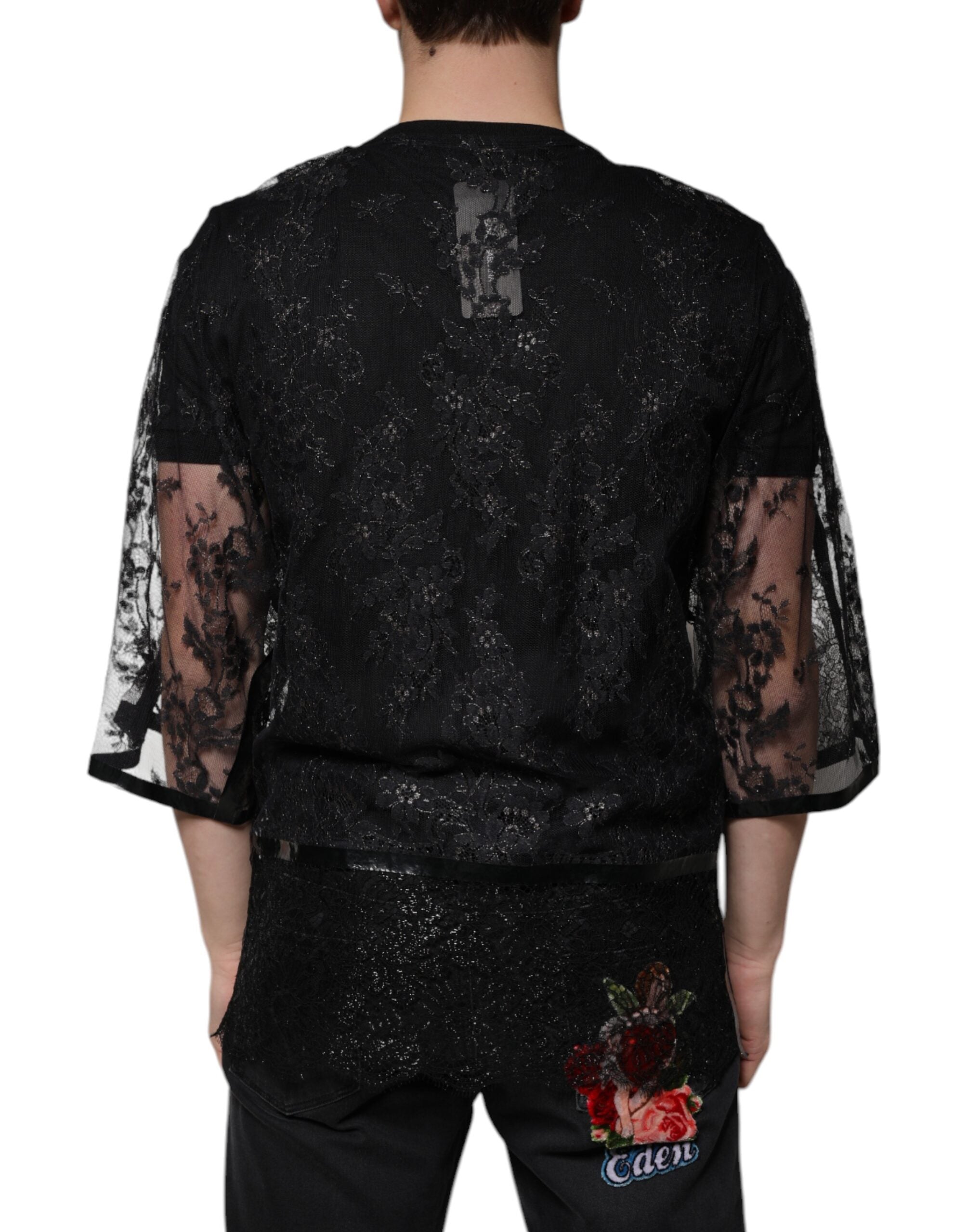 Dolce & Gabbana Black Nylon Floral Lace Crew Neck Men's T-shirt