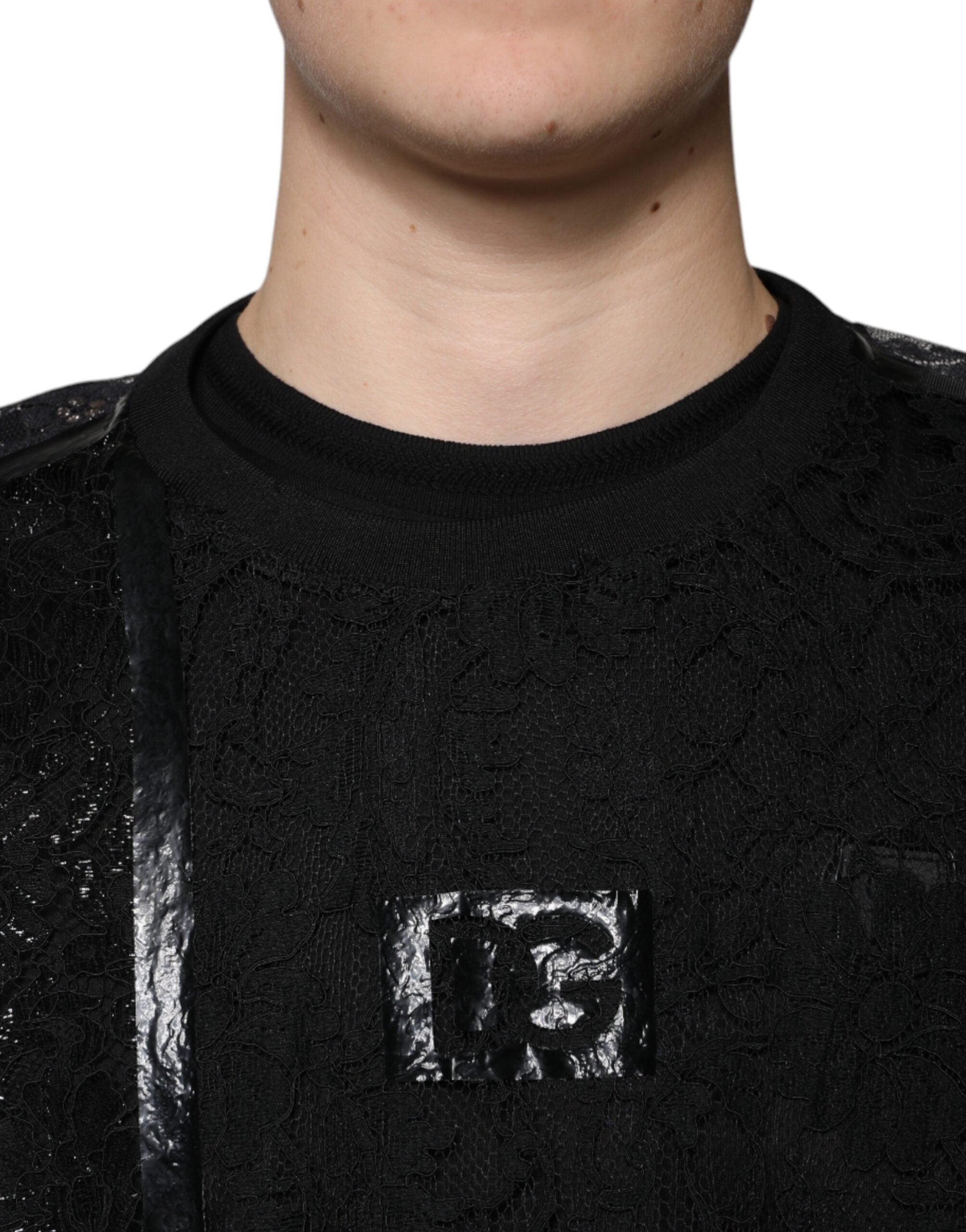 Dolce & Gabbana Black Nylon Floral Lace Crew Neck Men's T-shirt