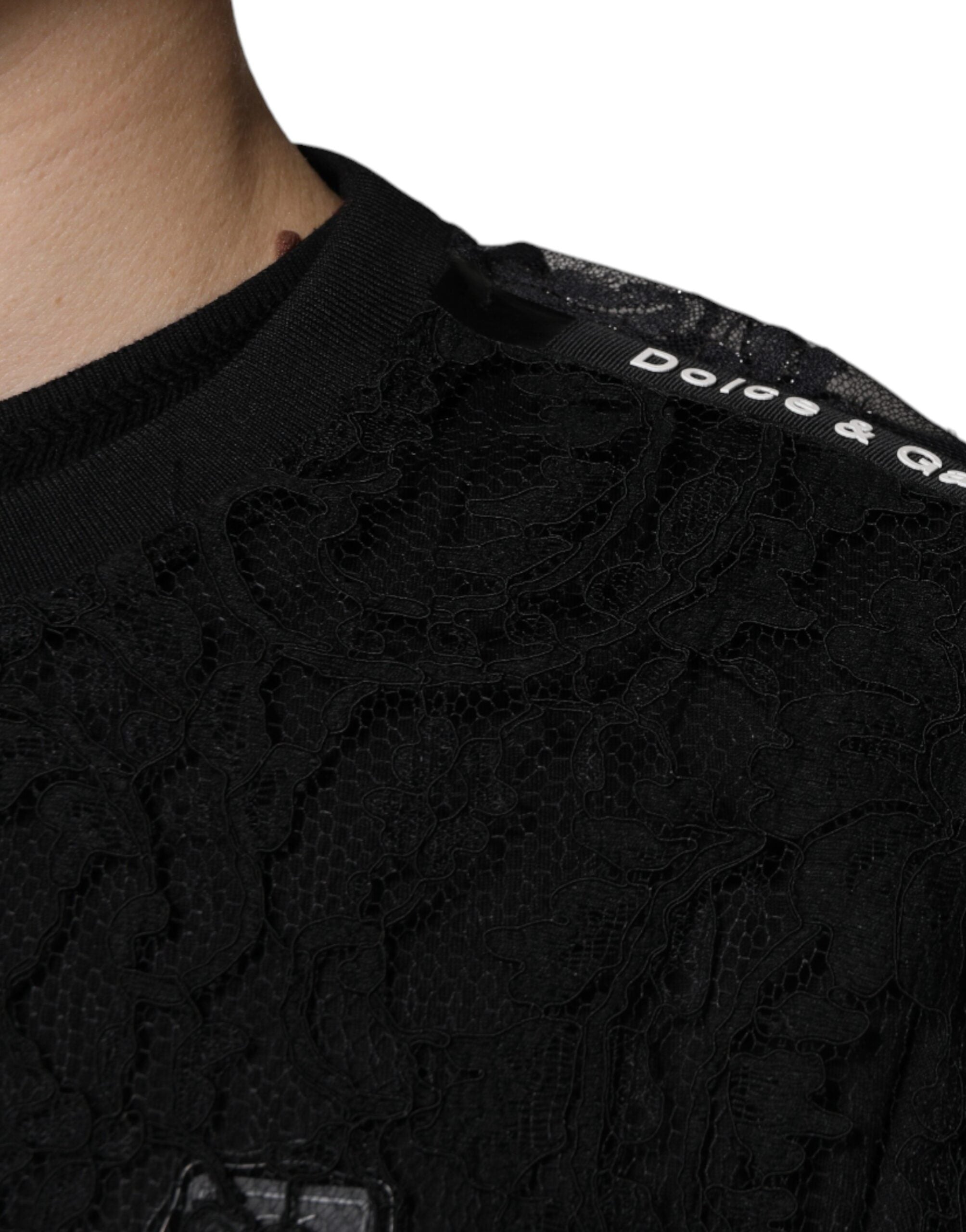 Dolce & Gabbana Black Nylon Floral Lace Crew Neck Men's T-shirt