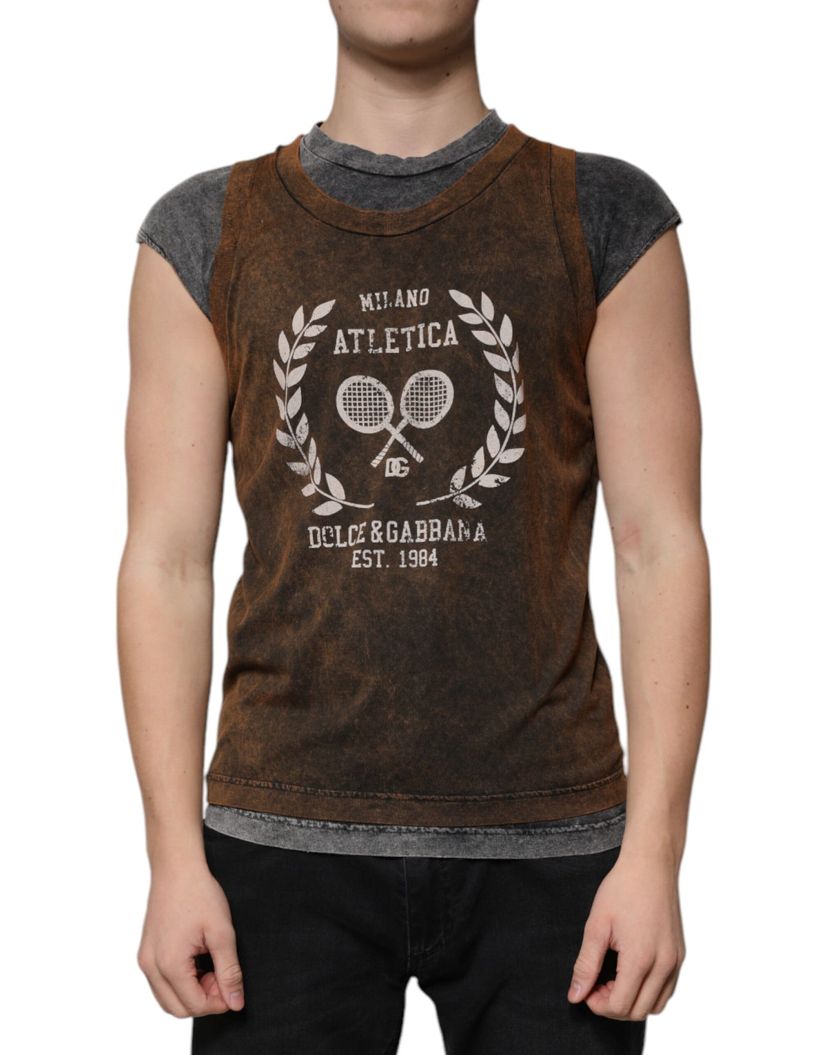 Dolce & Gabbana Brown Cotton Crew Neck Sleeveless Men's T-shirt