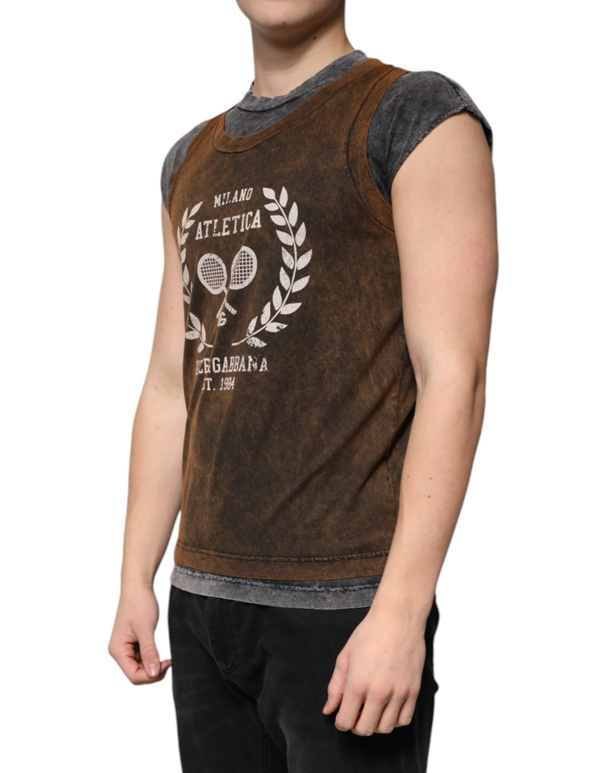 Dolce & Gabbana Brown Cotton Crew Neck Sleeveless Men's T-shirt