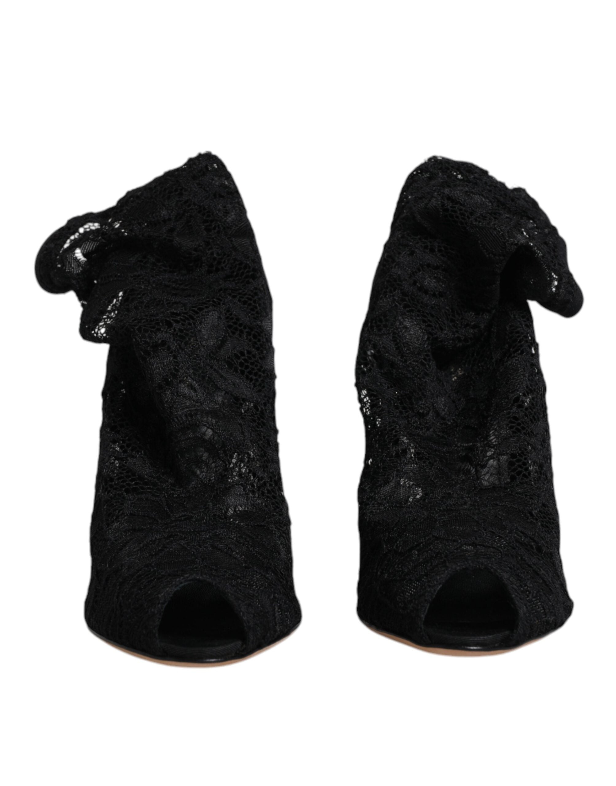 Dolce & Gabbana Black Lace Stretch Heels Mid Calf Boots Women's Shoes