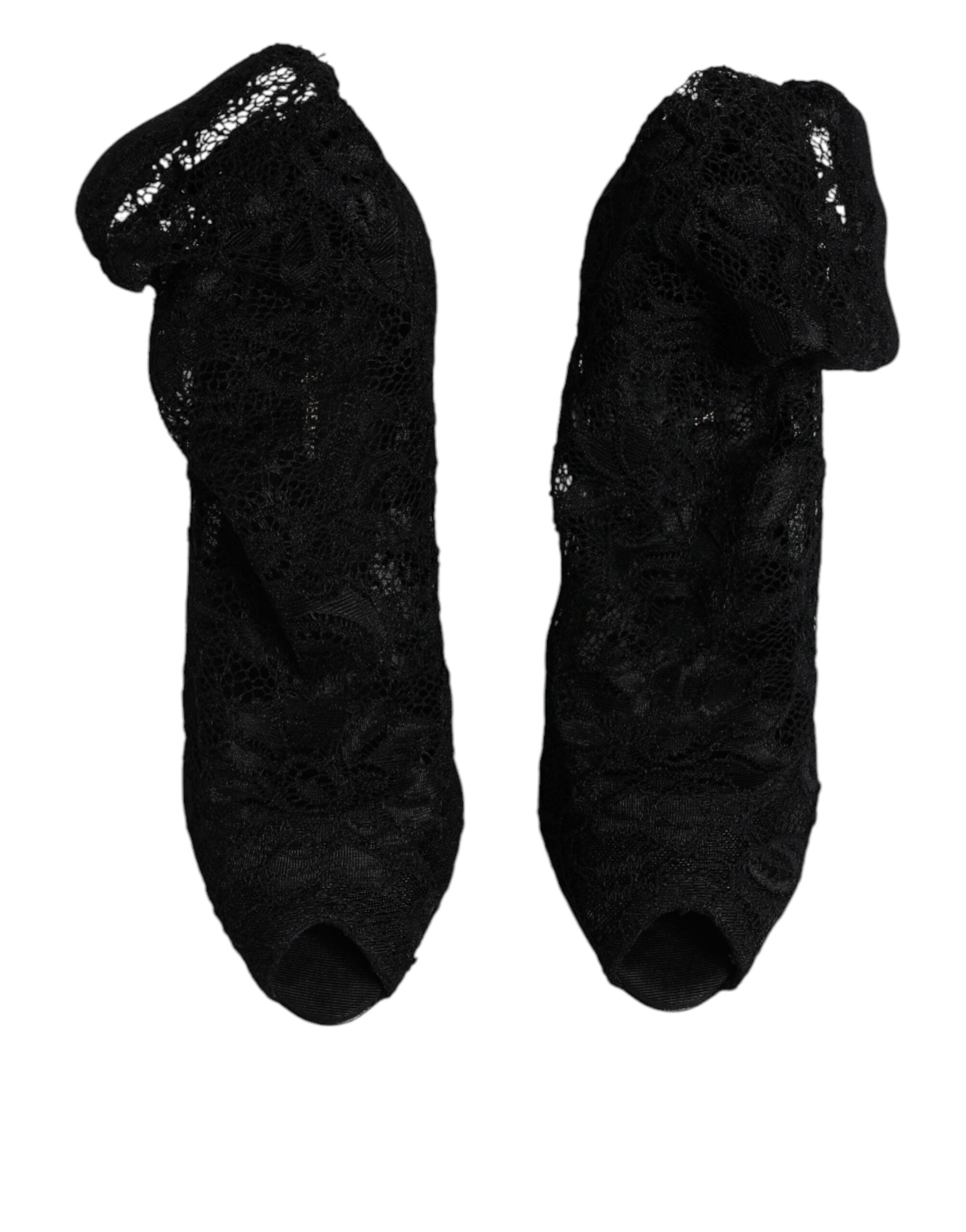 Dolce & Gabbana Black Lace Stretch Heels Mid Calf Boots Women's Shoes