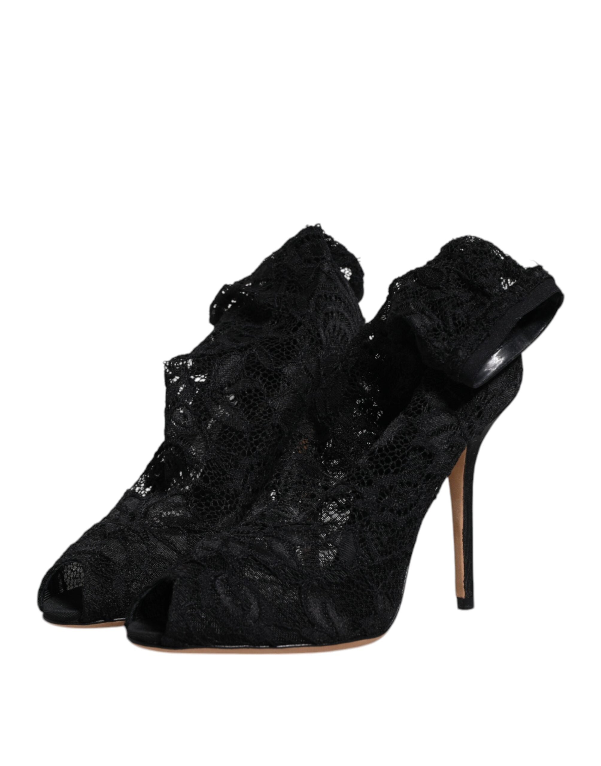 Dolce & Gabbana Black Lace Stretch Heels Mid Calf Boots Women's Shoes