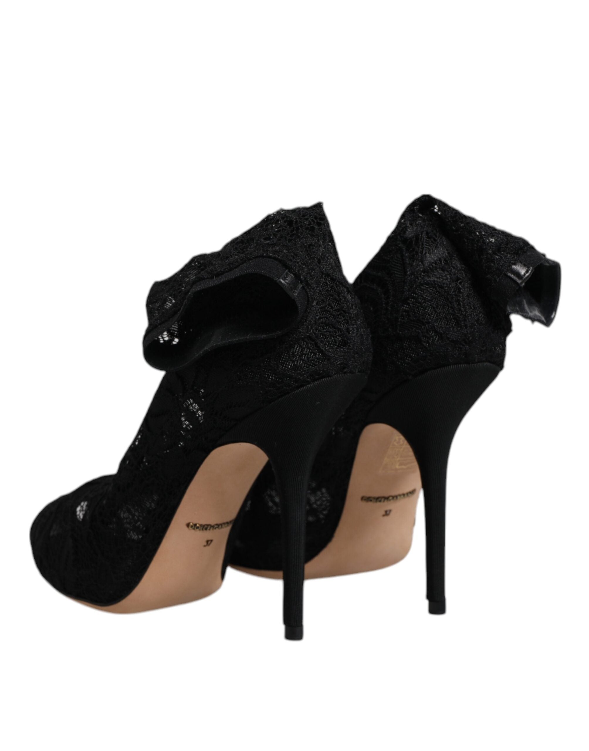 Dolce & Gabbana Black Lace Stretch Heels Mid Calf Boots Women's Shoes