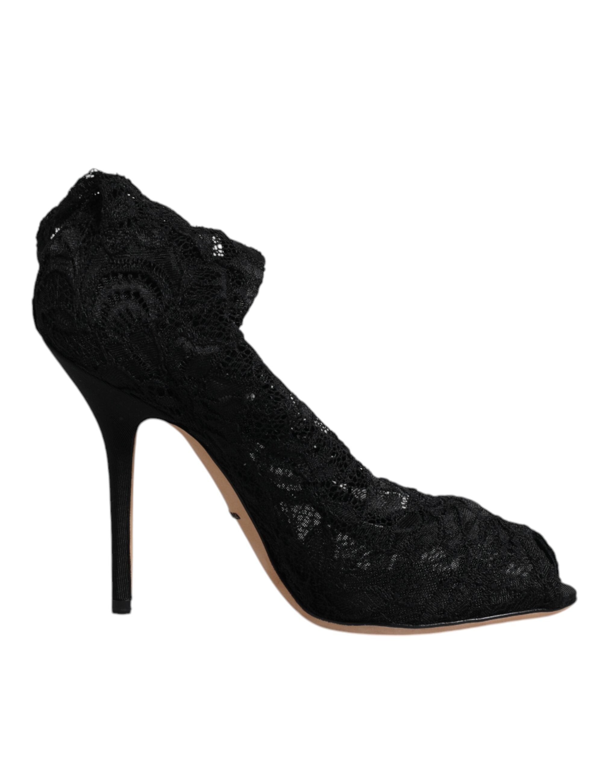 Dolce & Gabbana Black Lace Stretch Heels Mid Calf Boots Women's Shoes