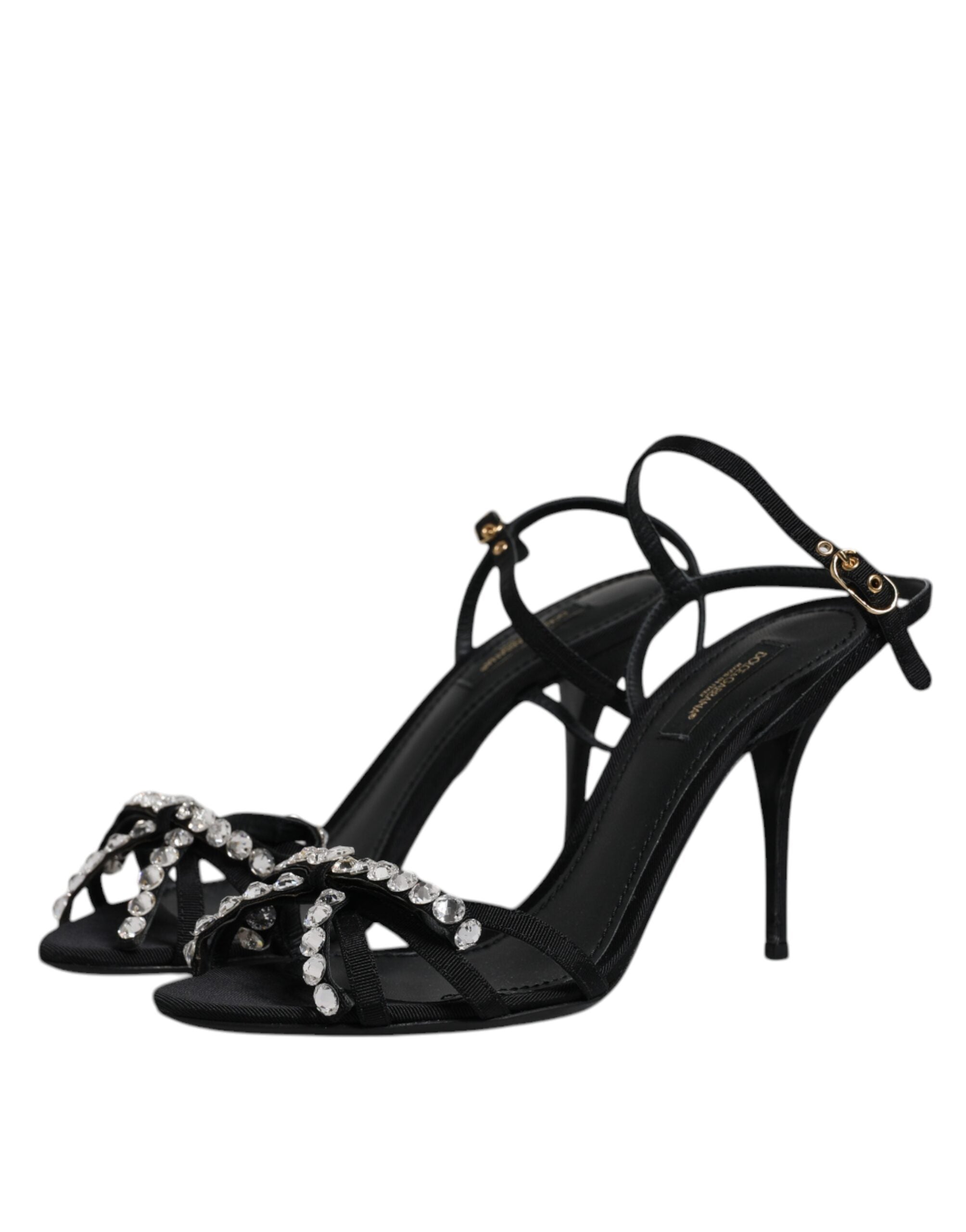 Dolce & Gabbana Black Leather Crystal Bow KEIRA Sandals Women's Shoes (Pre-Owned)