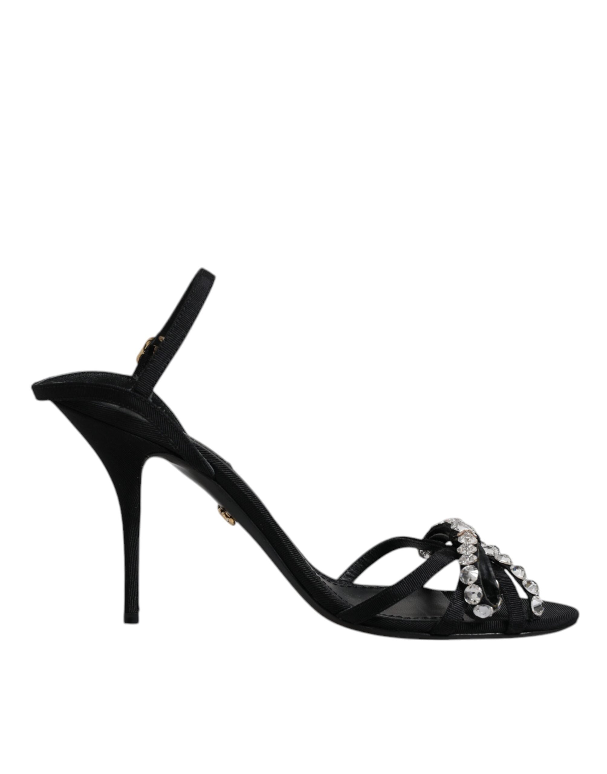 Dolce & Gabbana Black Leather Crystal Bow KEIRA Sandals Women's Shoes (Pre-Owned)