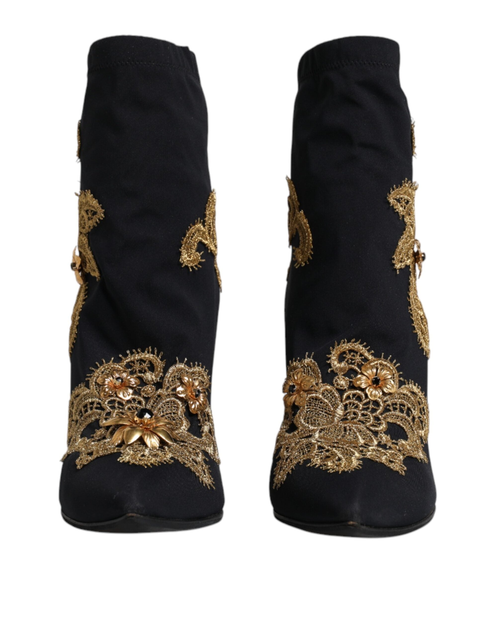 Dolce & Gabbana Black Gold Embroidery Slip On Boots Women's Shoes (Pre-Owned)