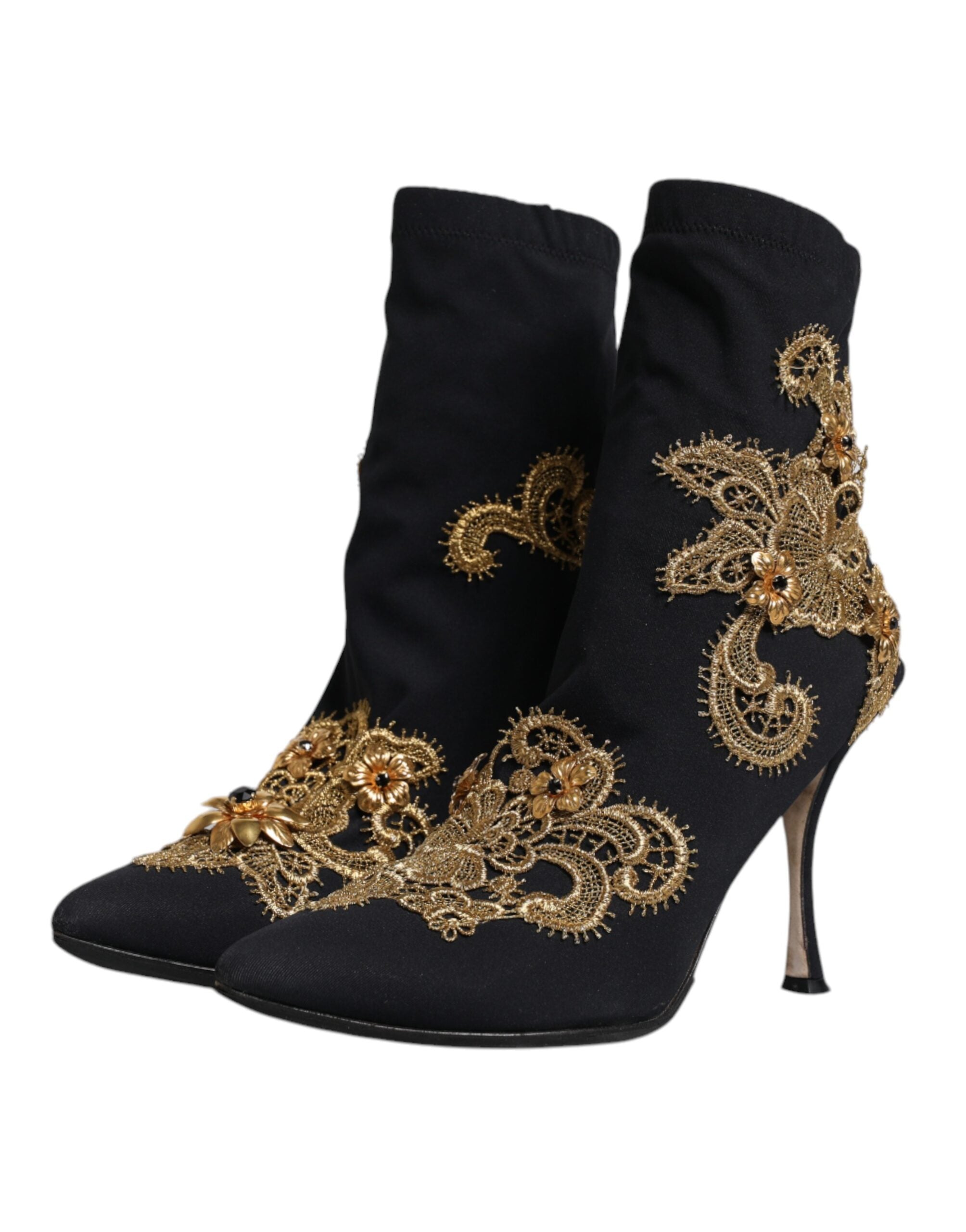 Dolce & Gabbana Black Gold Embroidery Slip On Boots Women's Shoes (Pre-Owned)