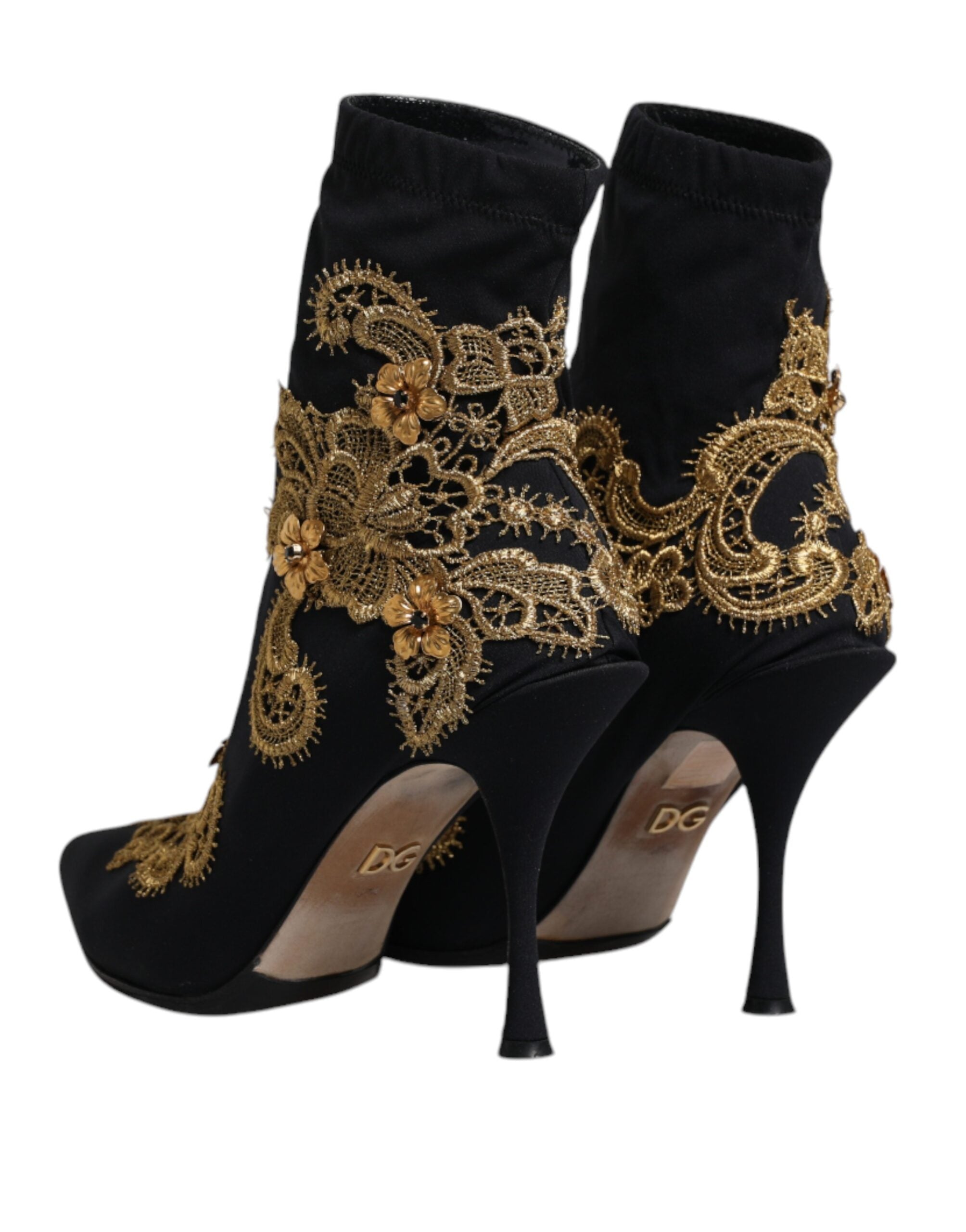 Dolce & Gabbana Black Gold Embroidery Slip On Boots Women's Shoes (Pre-Owned)