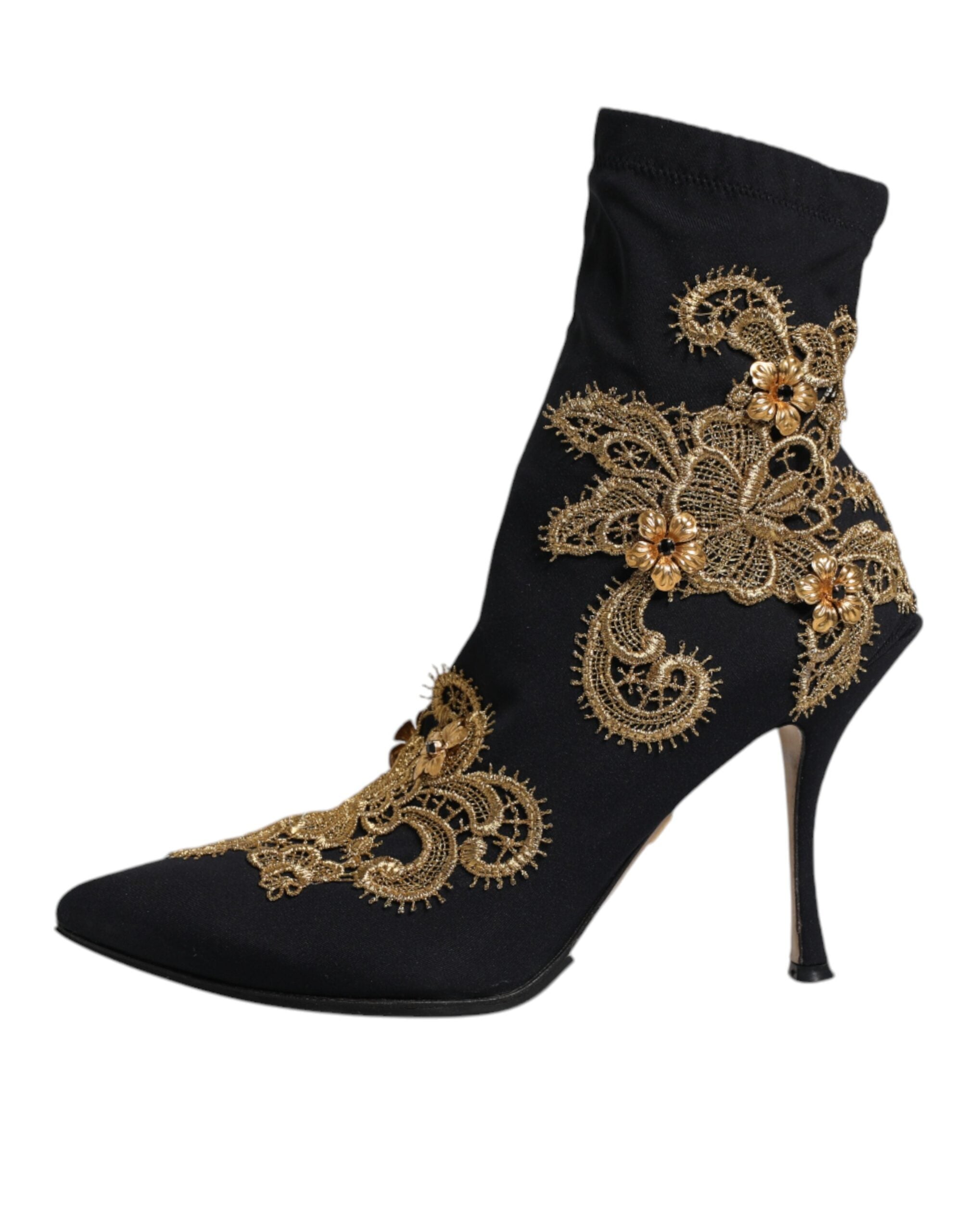 Dolce & Gabbana Black Gold Embroidery Slip On Boots Women's Shoes (Pre-Owned)
