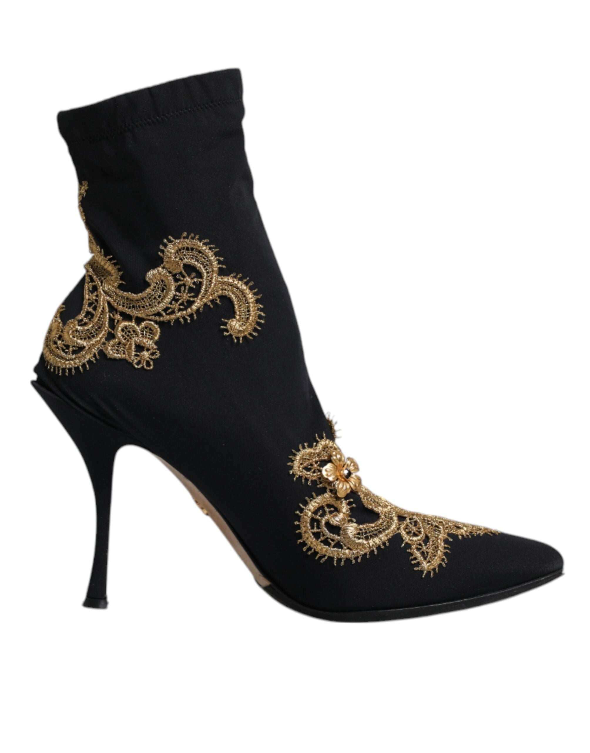 Dolce & Gabbana Black Gold Embroidery Slip On Boots Women's Shoes (Pre-Owned)