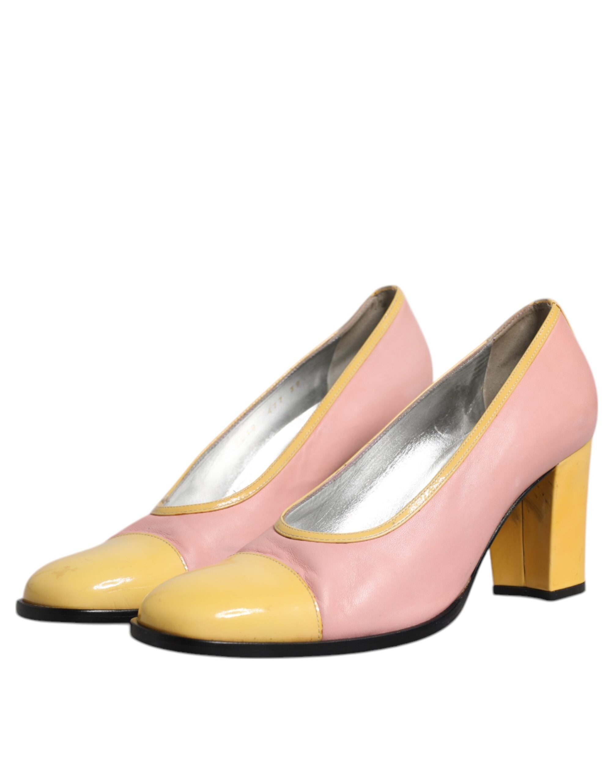 Dolce & Gabbana Pink Yellow Leather Block Heels Pumps Women's Shoes (Pre-Owned)