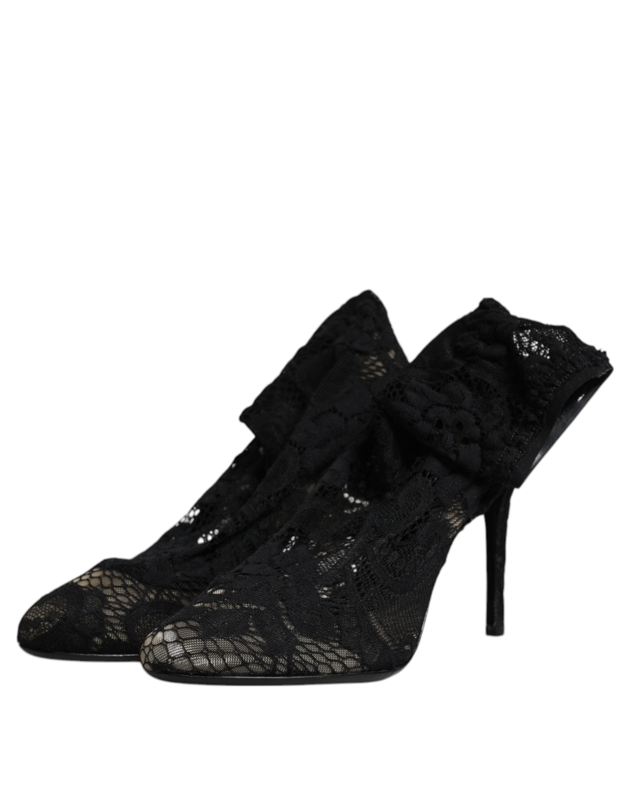 Dolce & Gabbana Black Lace Stretch Heels Mid Calf Boots Women's Shoes