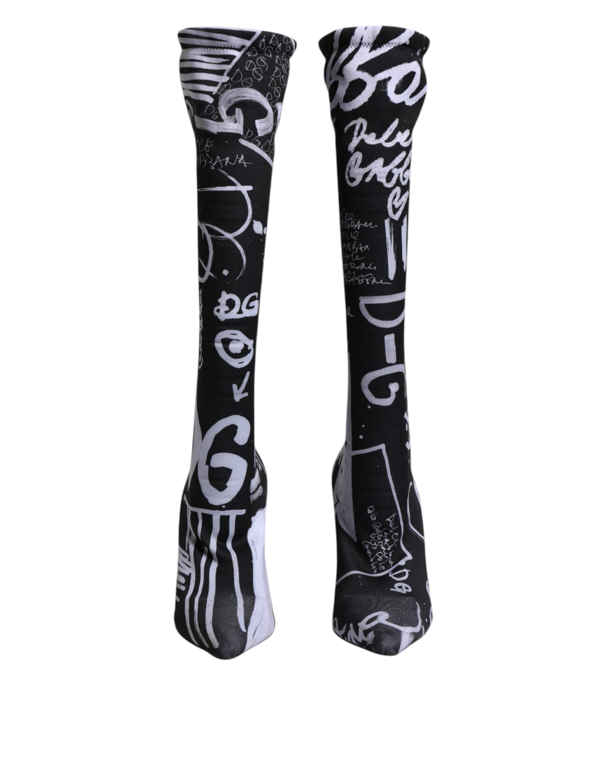 Dolce & Gabbana Black Logo Stretch Heels High Boots Women's Shoes