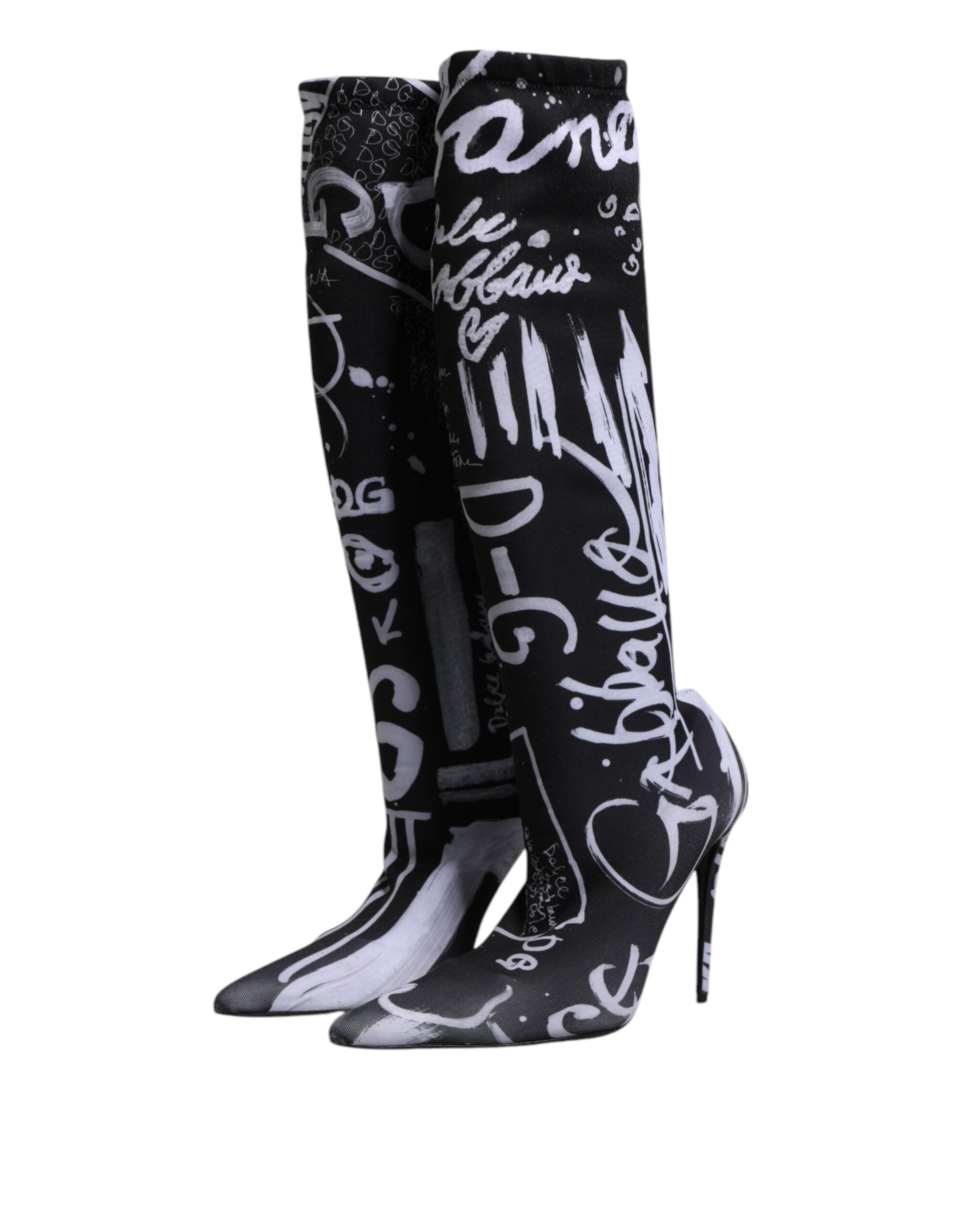 Dolce & Gabbana Black Logo Stretch Heels High Boots Women's Shoes