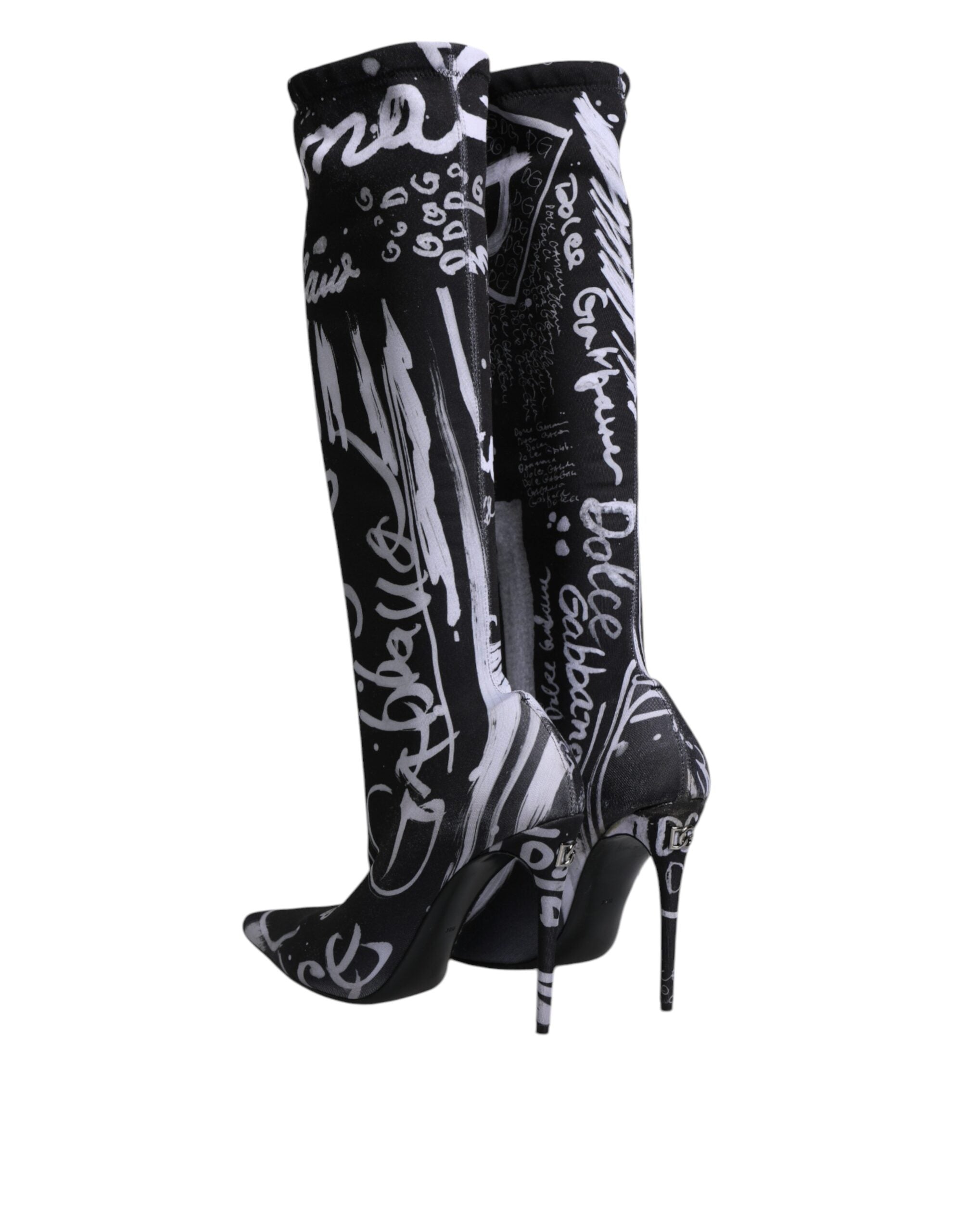 Dolce & Gabbana Black Logo Stretch Heels High Boots Women's Shoes