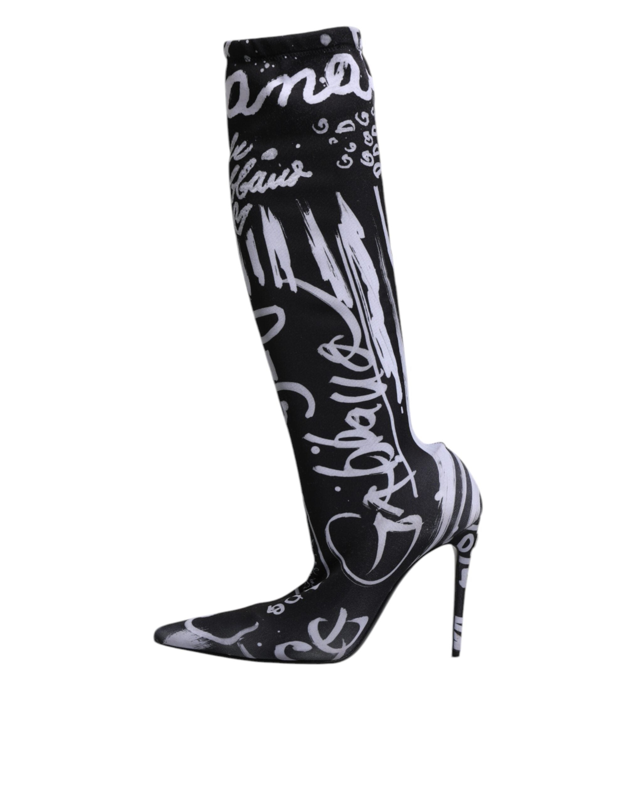 Dolce & Gabbana Black Logo Stretch Heels High Boots Women's Shoes