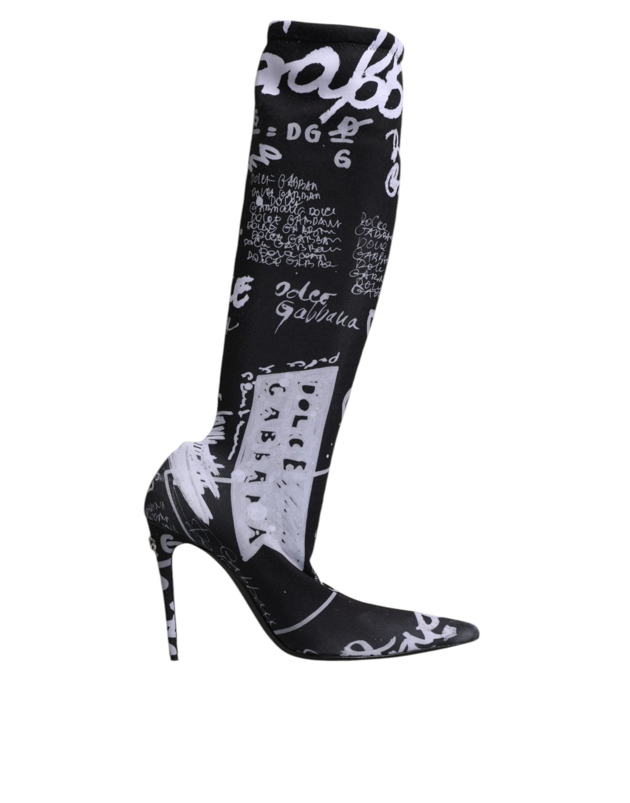 Dolce & Gabbana Black Logo Stretch Heels High Boots Women's Shoes