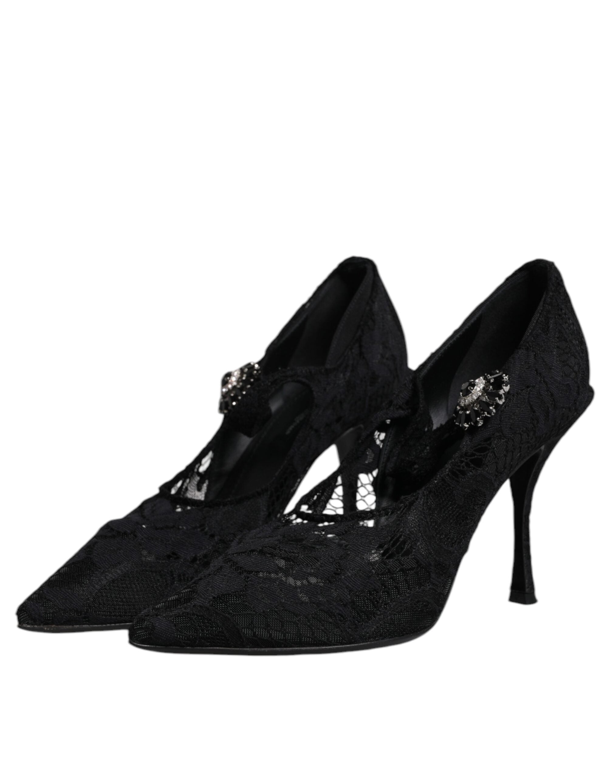 Dolce & Gabbana Black Lace Crystals Mary Jane Pumps Women's Shoes