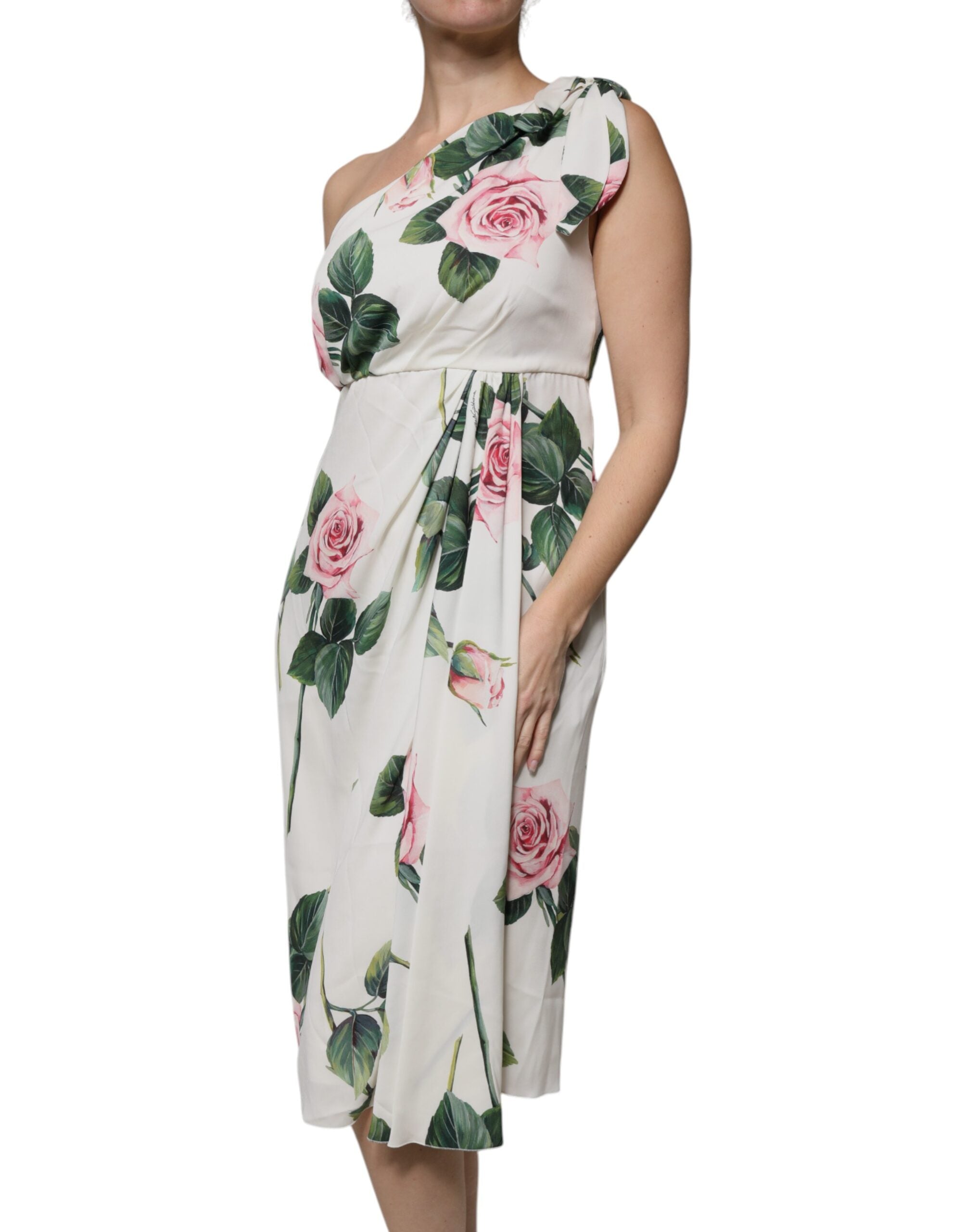Dolce & Gabbana White Floral Silk One Shoulder Midi Women's Dress
